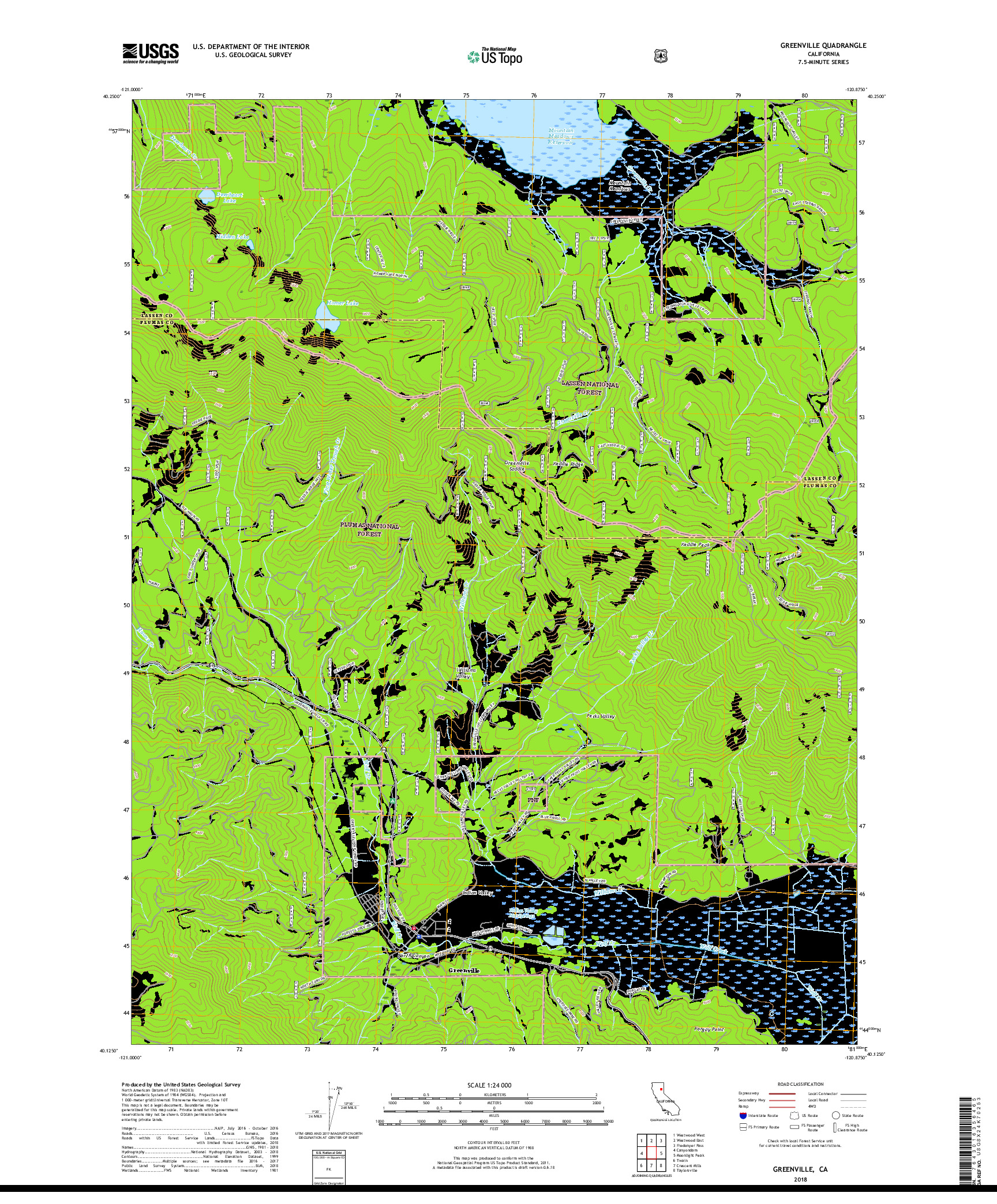 USGS US TOPO 7.5-MINUTE MAP FOR GREENVILLE, CA 2018