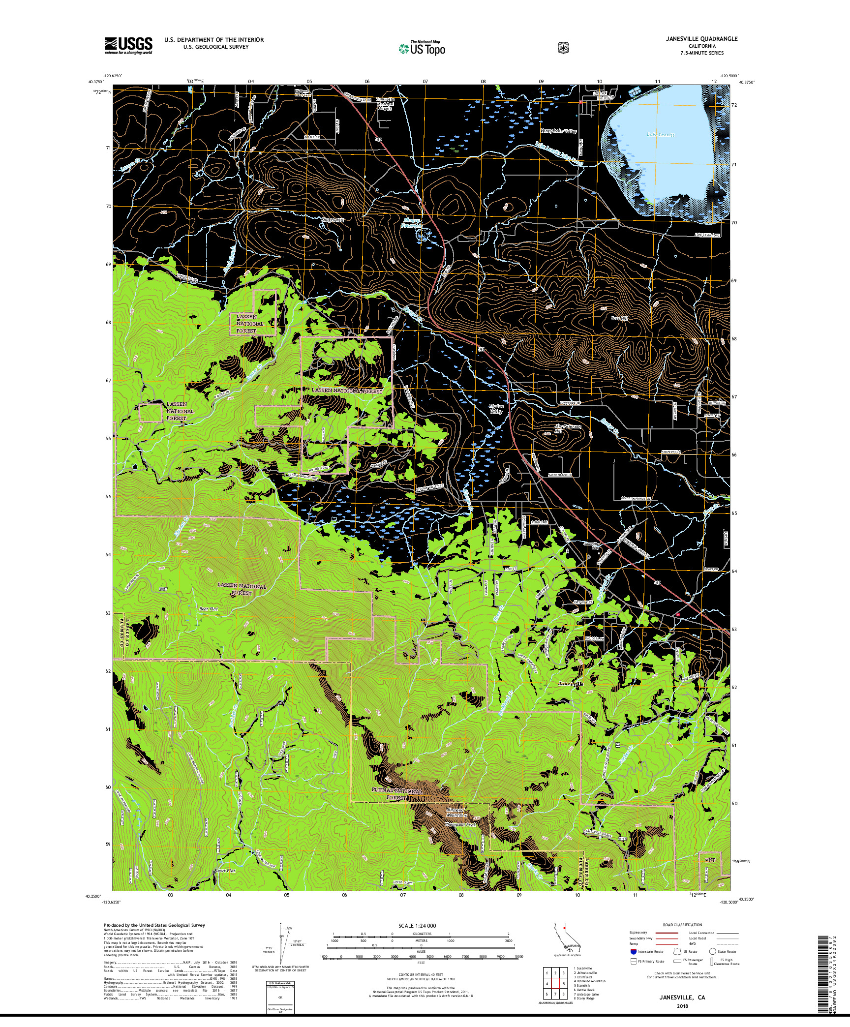 USGS US TOPO 7.5-MINUTE MAP FOR JANESVILLE, CA 2018