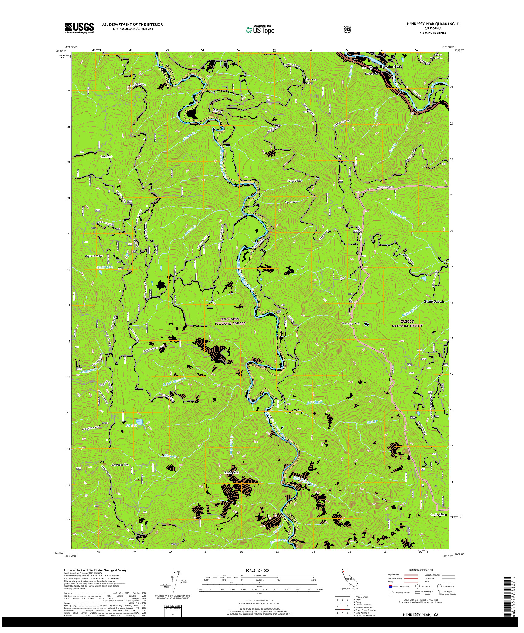 USGS US TOPO 7.5-MINUTE MAP FOR HENNESSY PEAK, CA 2018