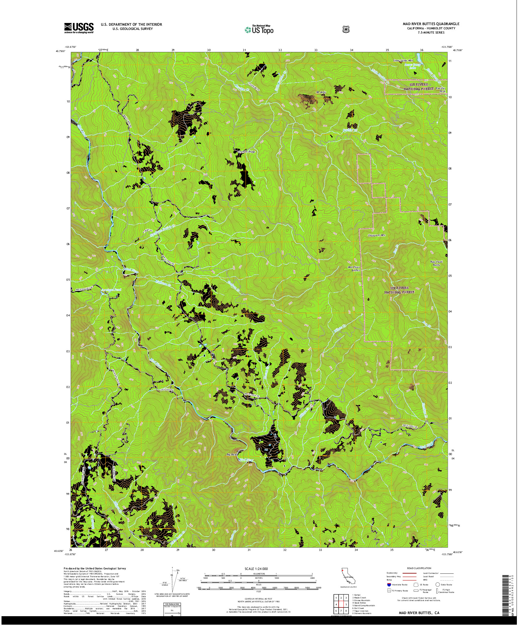 USGS US TOPO 7.5-MINUTE MAP FOR MAD RIVER BUTTES, CA 2018