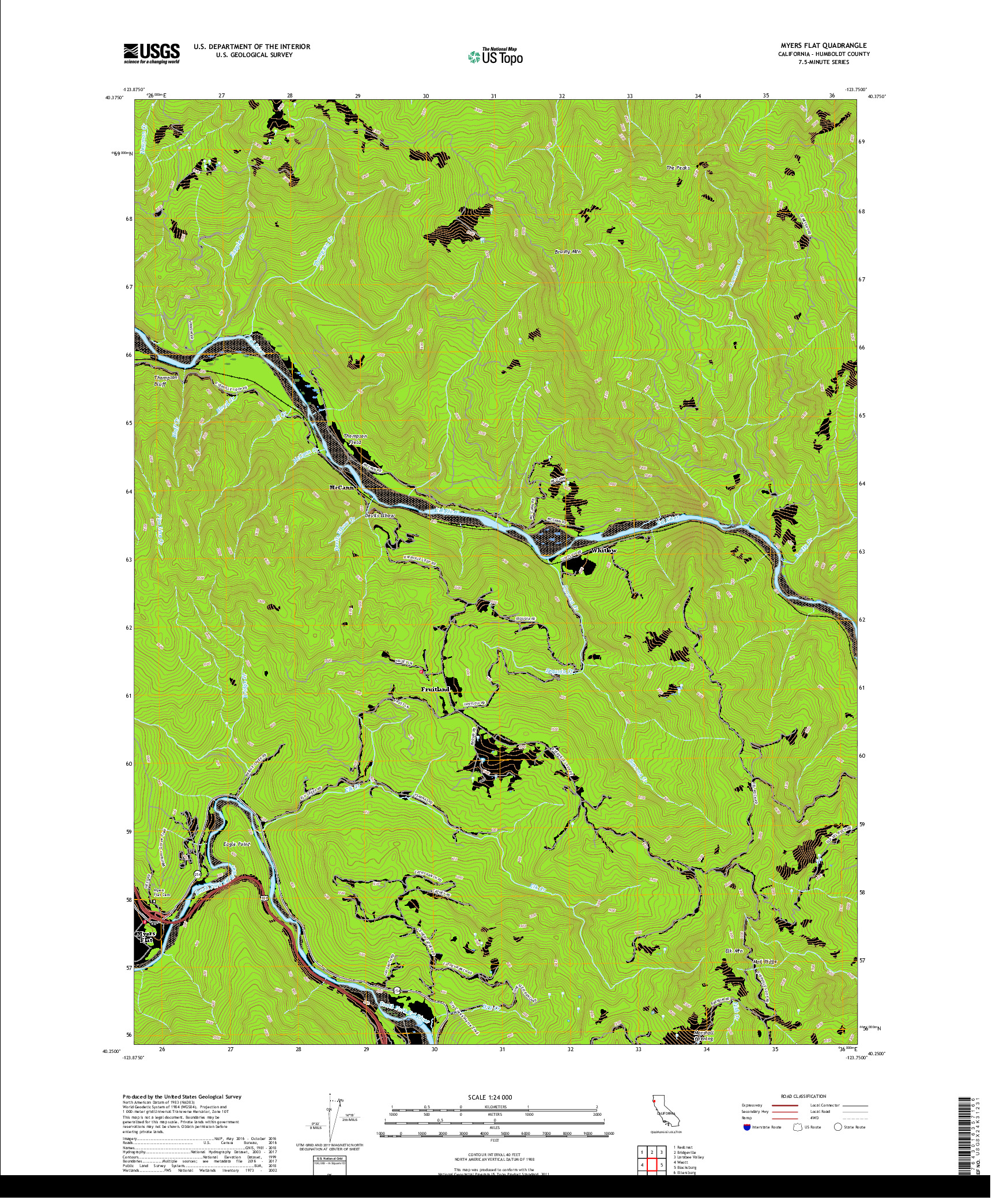 USGS US TOPO 7.5-MINUTE MAP FOR MYERS FLAT, CA 2018