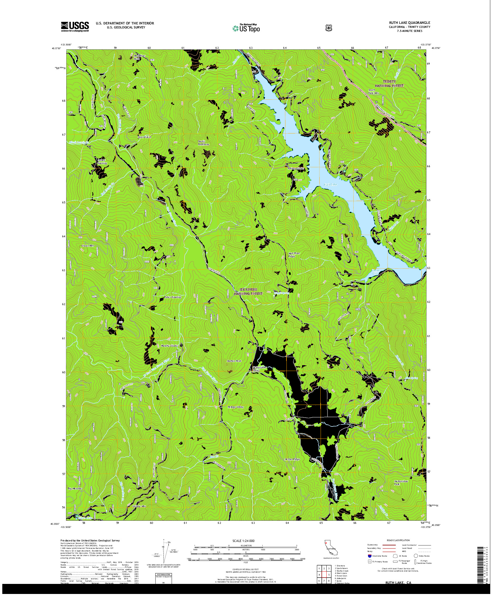 USGS US TOPO 7.5-MINUTE MAP FOR RUTH LAKE, CA 2018