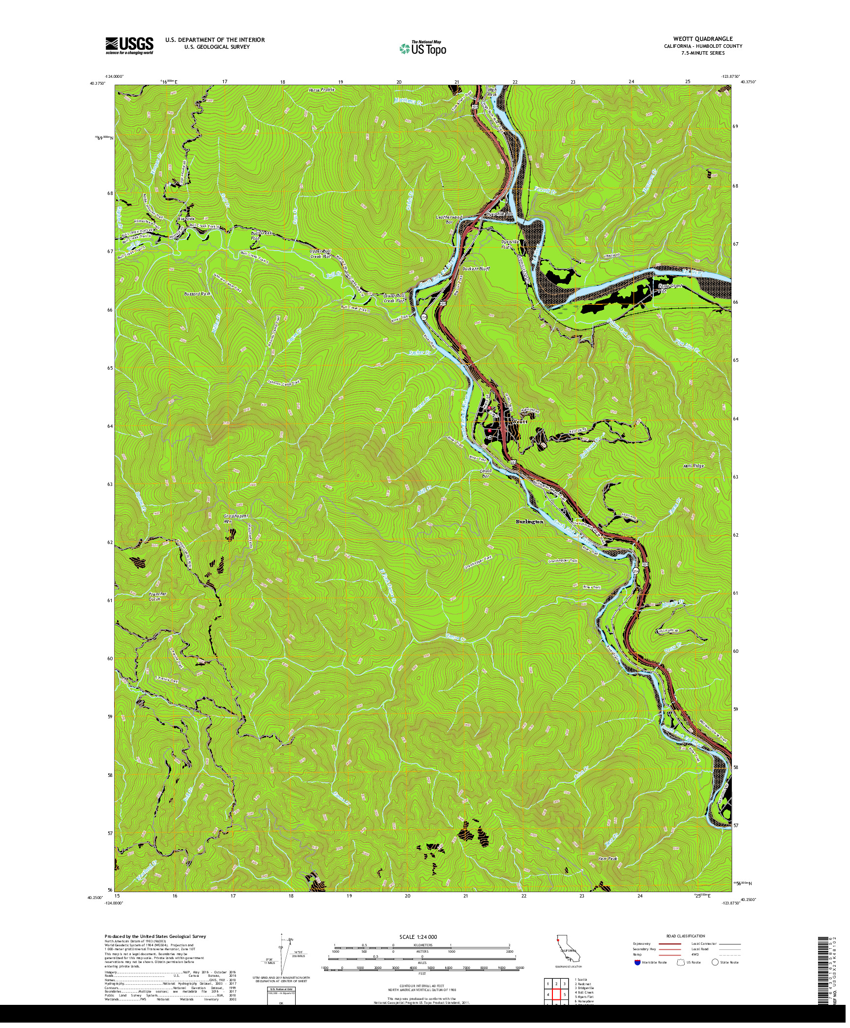 USGS US TOPO 7.5-MINUTE MAP FOR WEOTT, CA 2018