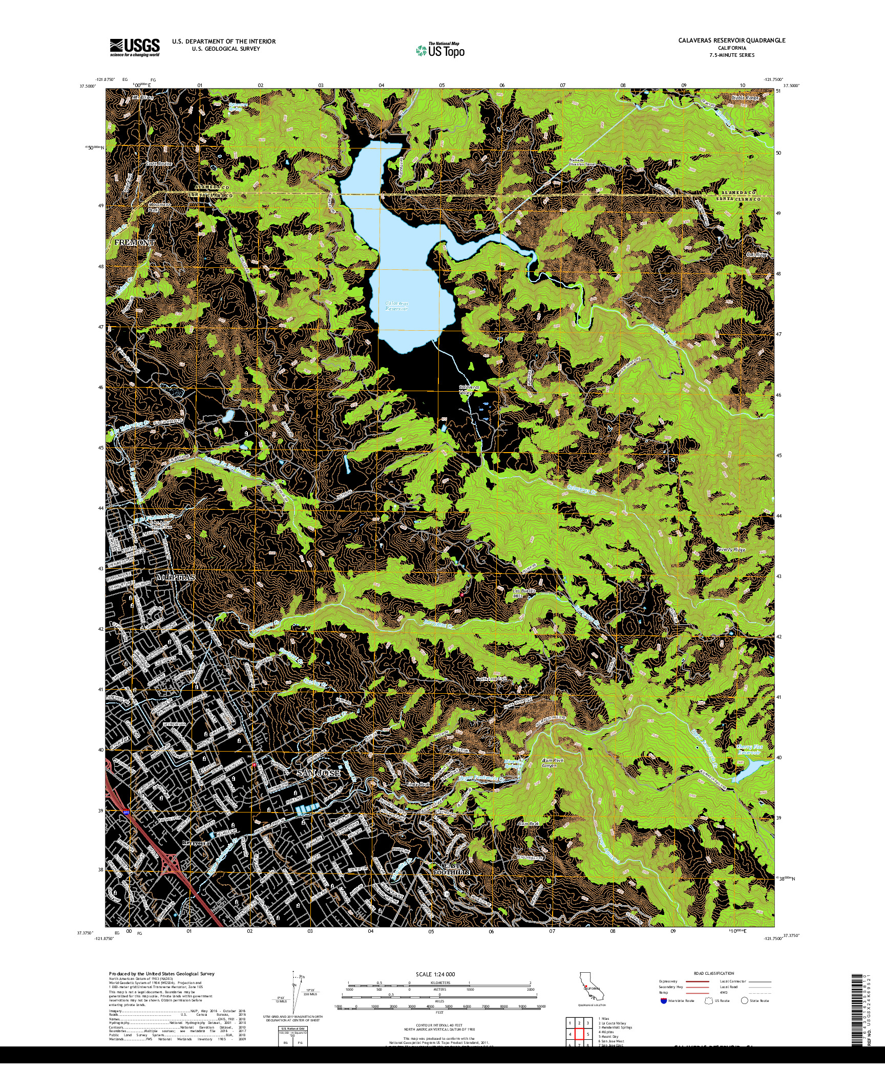 USGS US TOPO 7.5-MINUTE MAP FOR CALAVERAS RESERVOIR, CA 2018