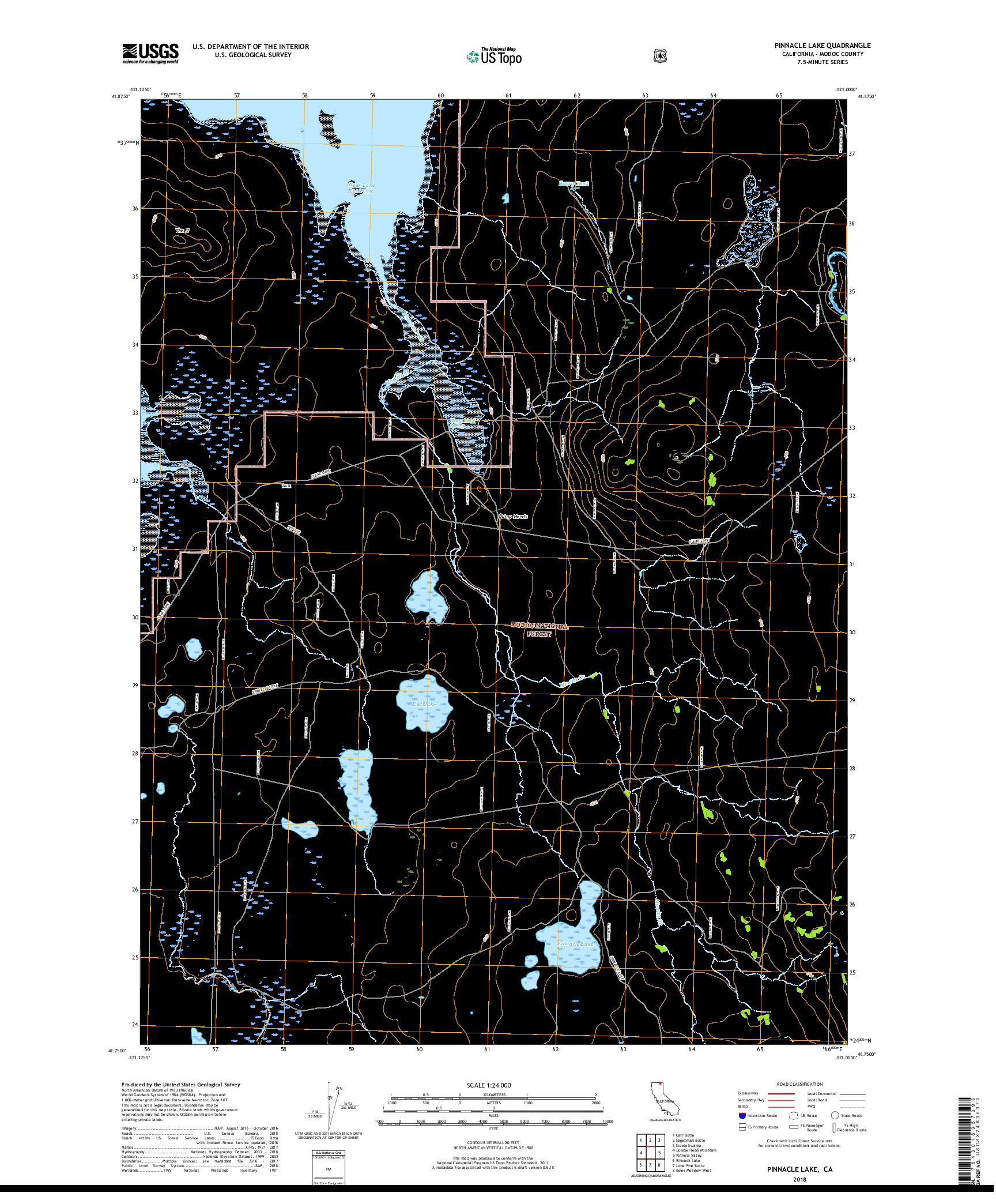 USGS US TOPO 7.5-MINUTE MAP FOR PINNACLE LAKE, CA 2018