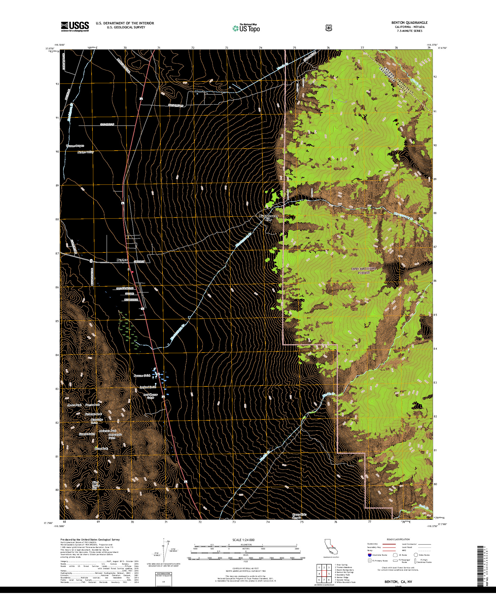 USGS US TOPO 7.5-MINUTE MAP FOR BENTON, CA,NV 2018