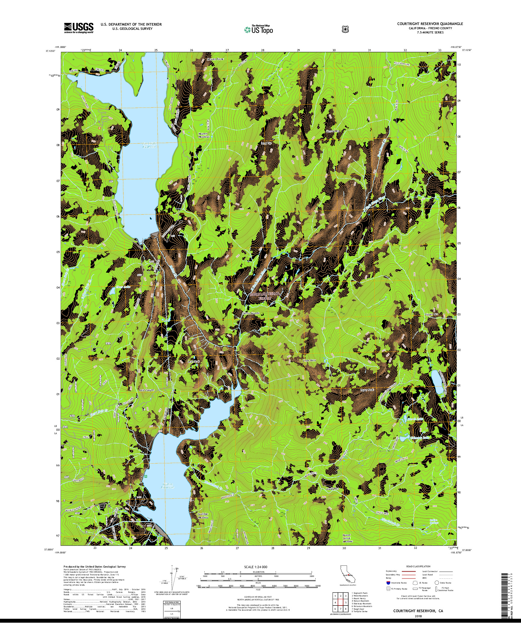 USGS US TOPO 7.5-MINUTE MAP FOR COURTRIGHT RESERVOIR, CA 2018