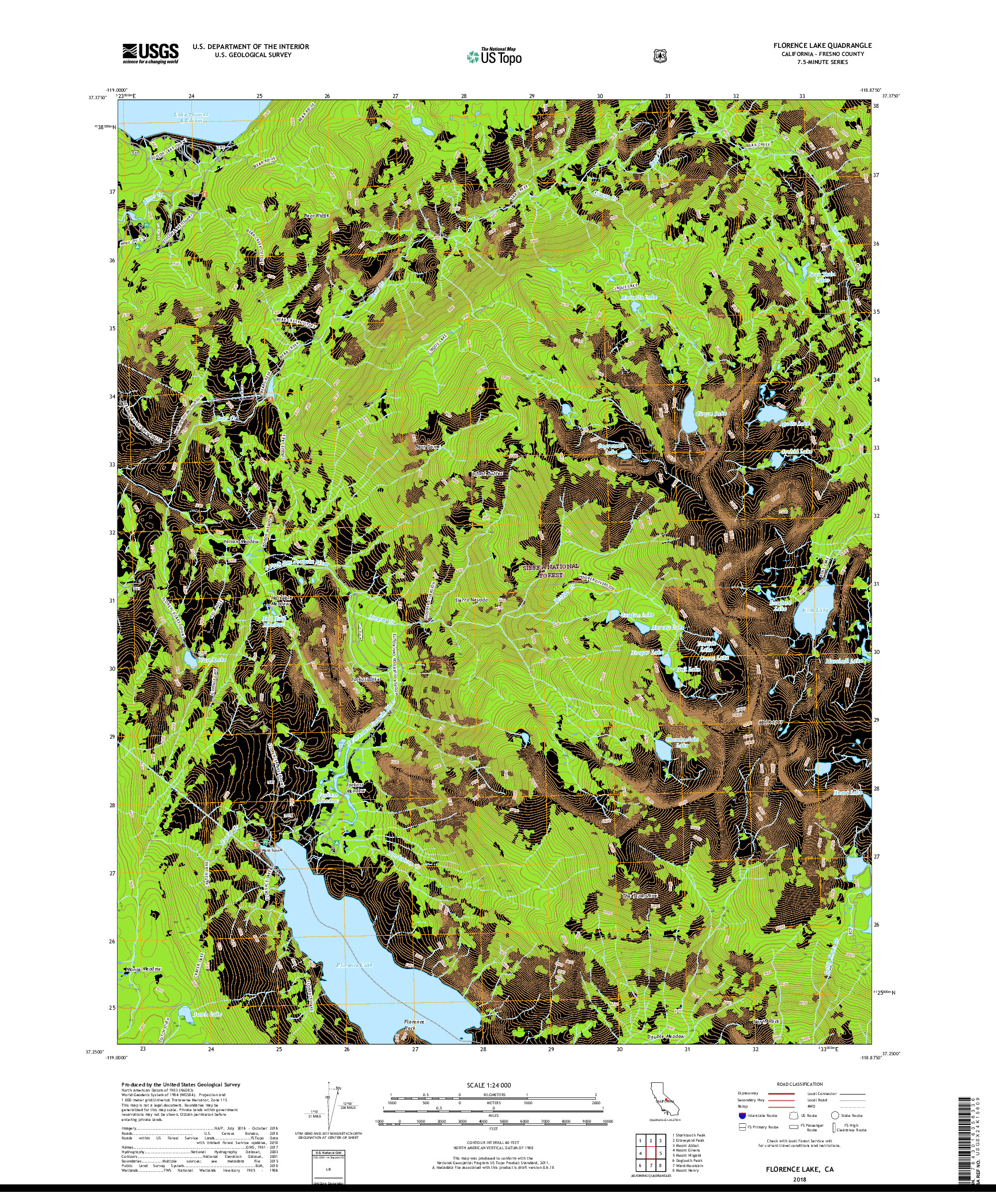 USGS US TOPO 7.5-MINUTE MAP FOR FLORENCE LAKE, CA 2018