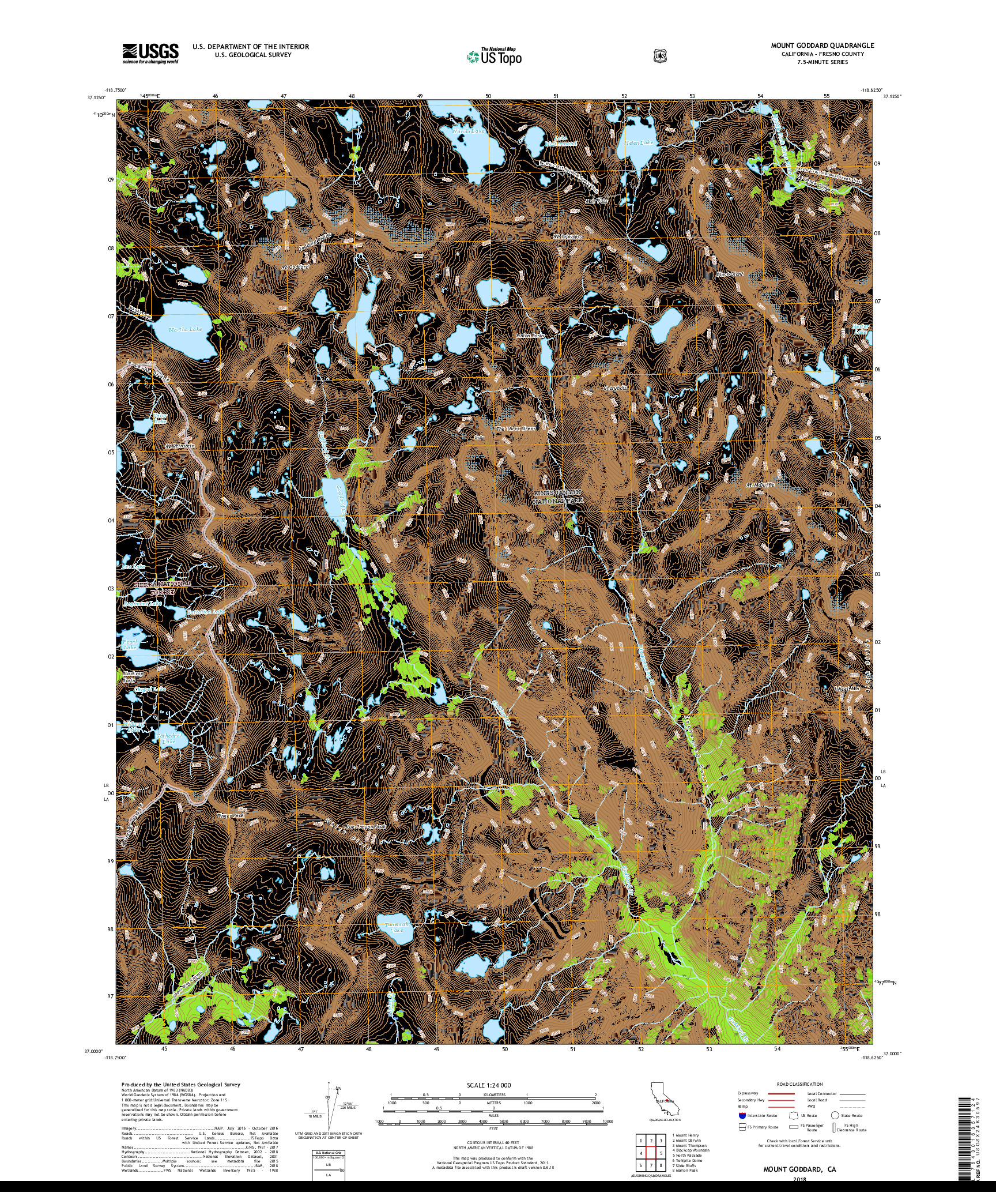 USGS US TOPO 7.5-MINUTE MAP FOR MOUNT GODDARD, CA 2018