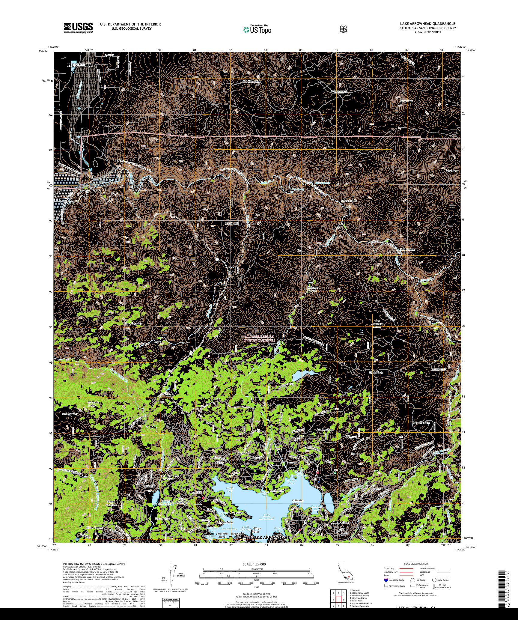 USGS US TOPO 7.5-MINUTE MAP FOR LAKE ARROWHEAD, CA 2018