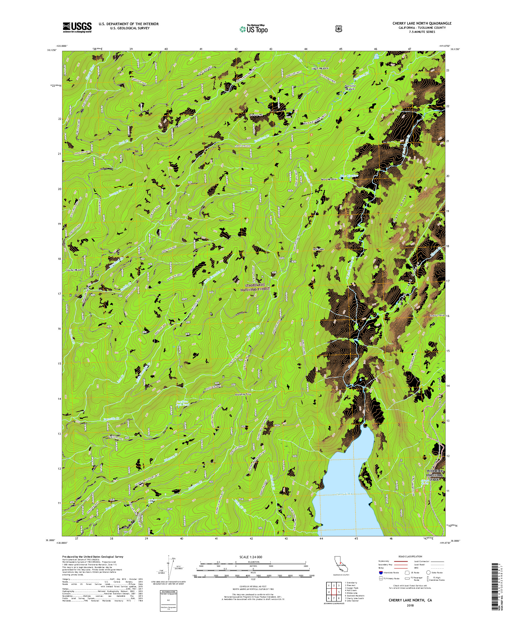 USGS US TOPO 7.5-MINUTE MAP FOR CHERRY LAKE NORTH, CA 2018