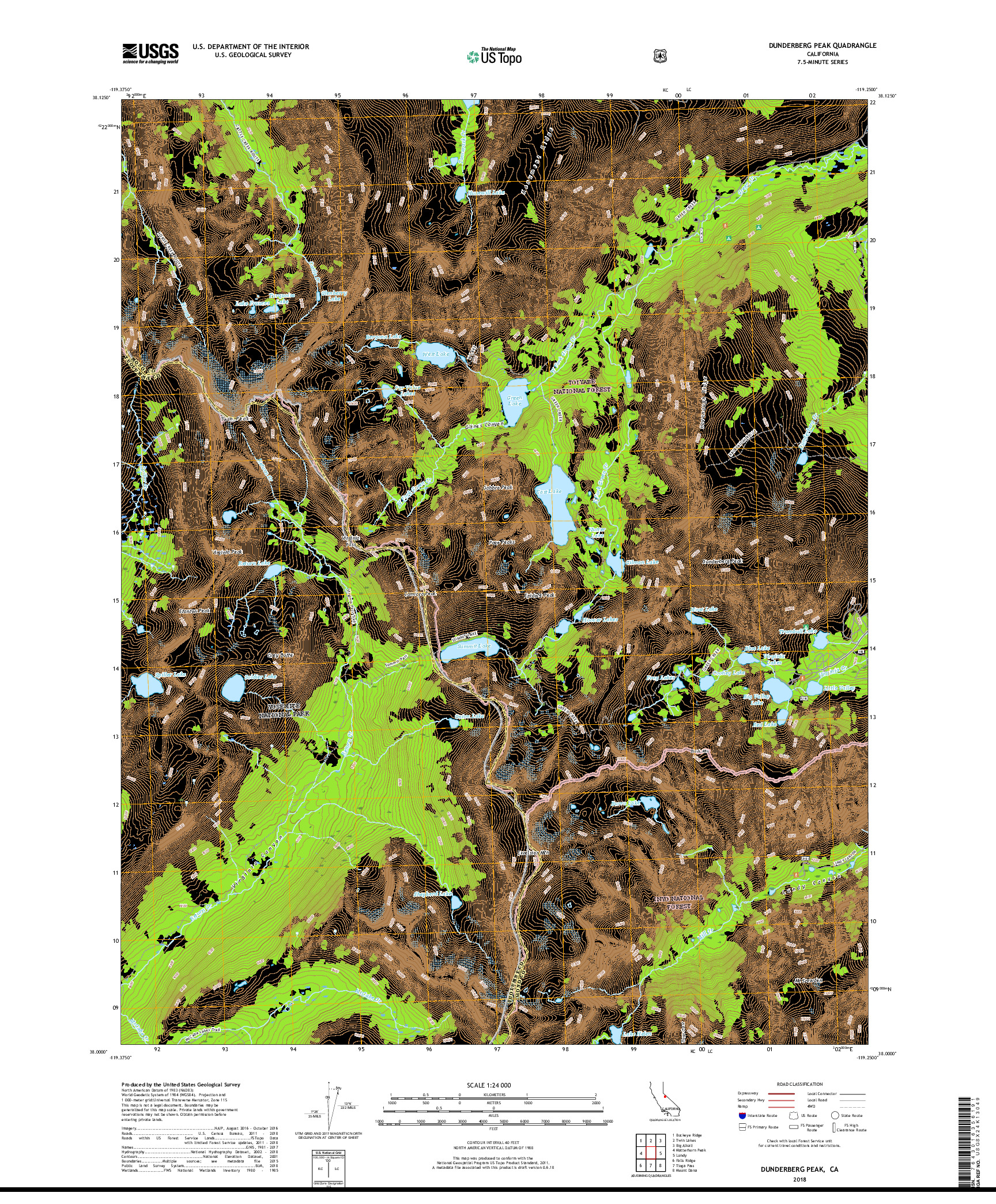 USGS US TOPO 7.5-MINUTE MAP FOR DUNDERBERG PEAK, CA 2018