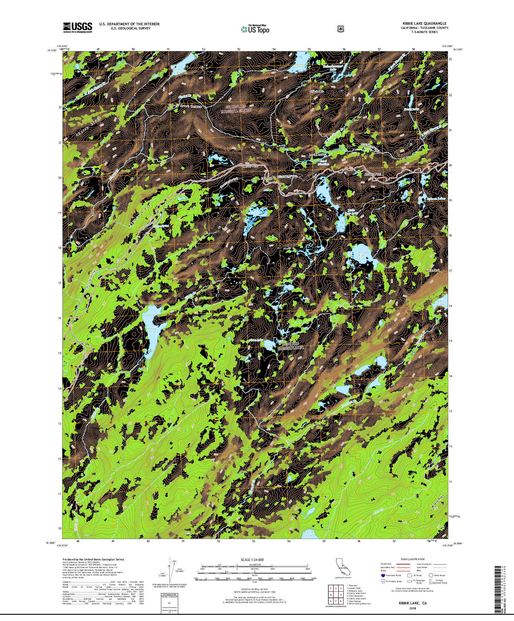 USGS US TOPO 7.5-MINUTE MAP FOR KIBBIE LAKE, CA 2018