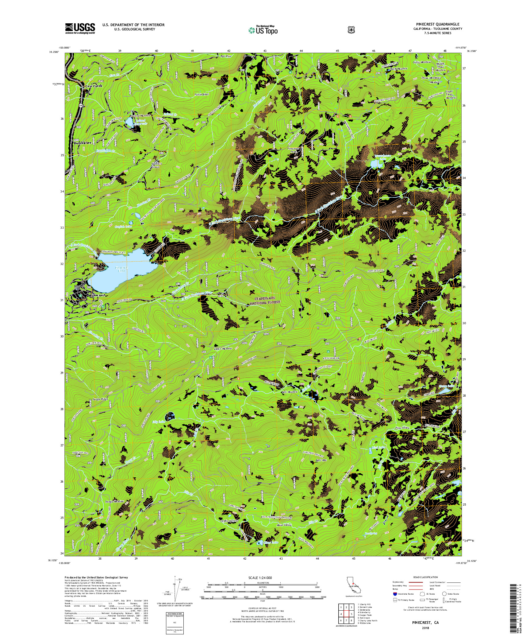 USGS US TOPO 7.5-MINUTE MAP FOR PINECREST, CA 2018