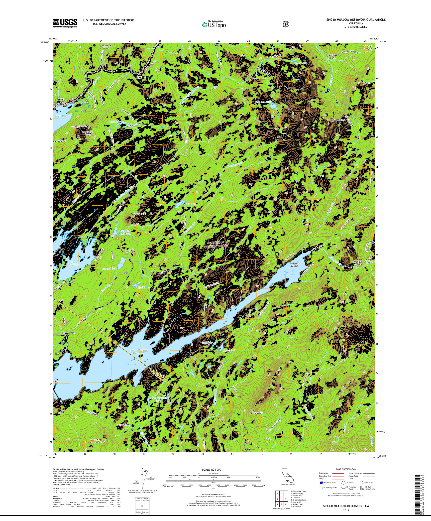 USGS US TOPO 7.5-MINUTE MAP FOR SPICER MEADOW RESERVOIR, CA 2018