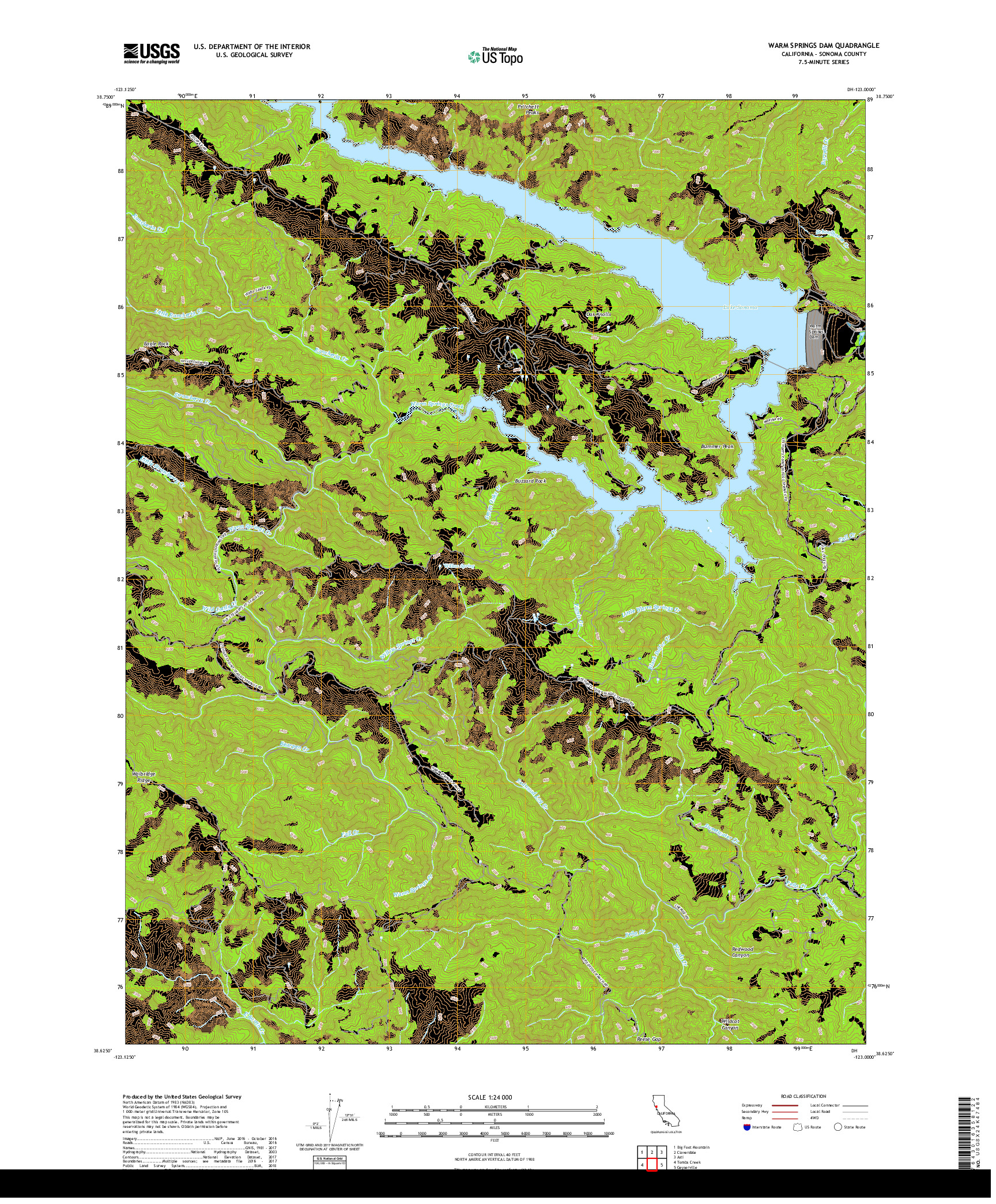 USGS US TOPO 7.5-MINUTE MAP FOR WARM SPRINGS DAM, CA 2018