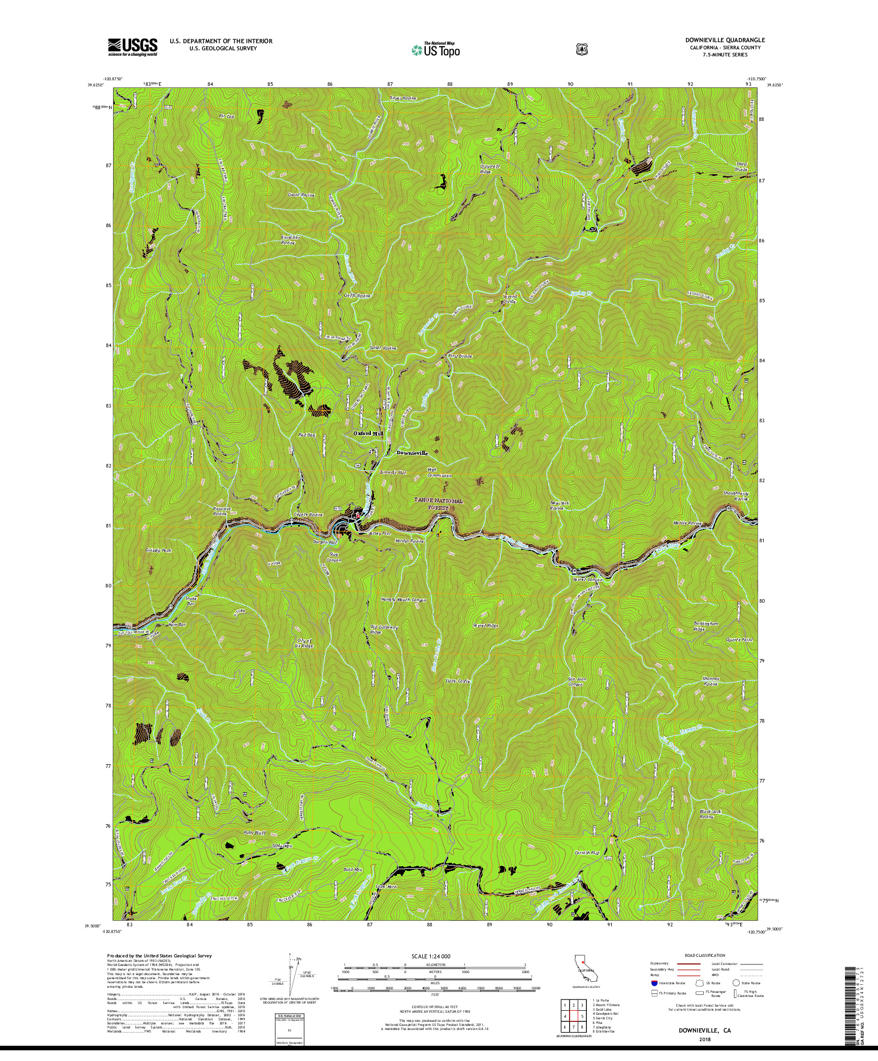 USGS US TOPO 7.5-MINUTE MAP FOR DOWNIEVILLE, CA 2018