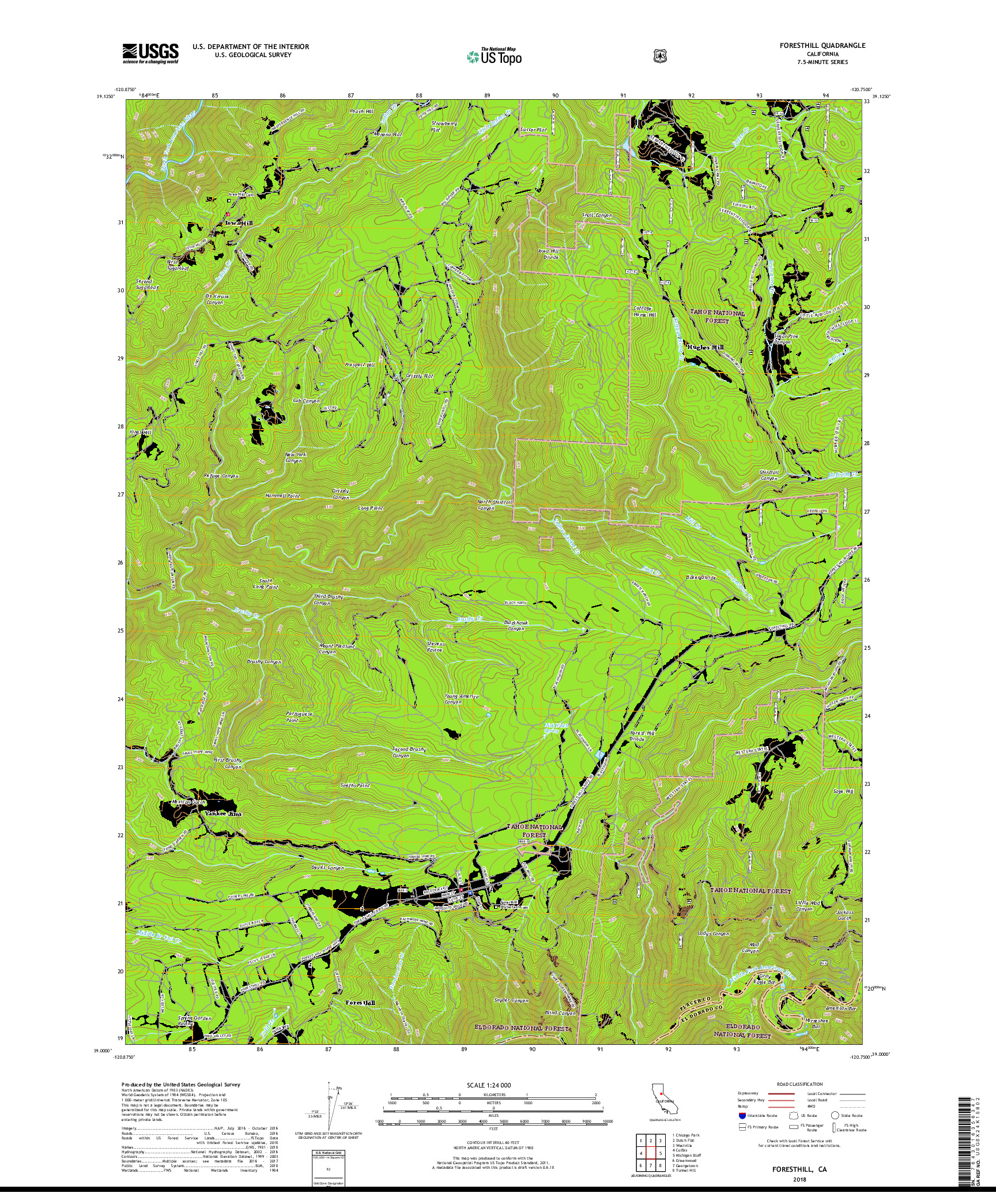 USGS US TOPO 7.5-MINUTE MAP FOR FORESTHILL, CA 2018