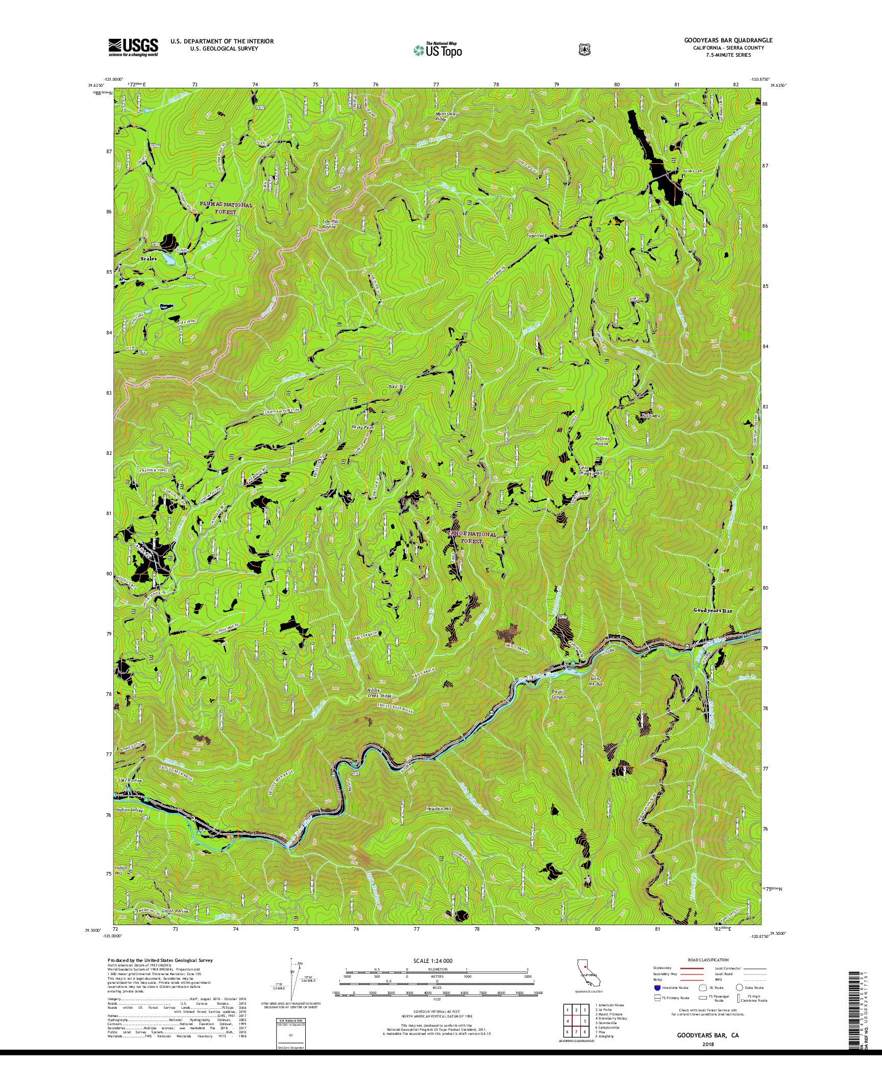 USGS US TOPO 7.5-MINUTE MAP FOR GOODYEARS BAR, CA 2018