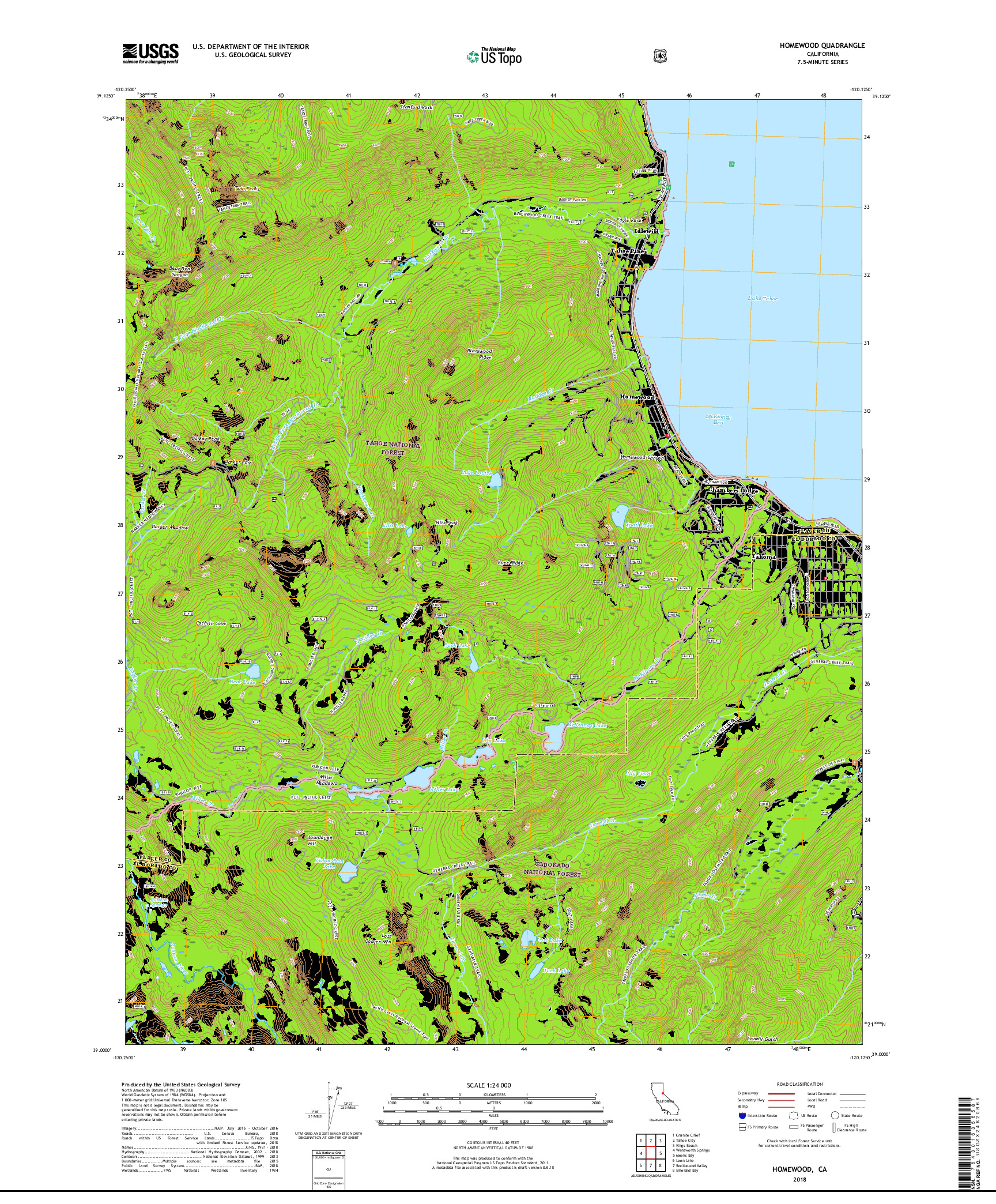 USGS US TOPO 7.5-MINUTE MAP FOR HOMEWOOD, CA 2018