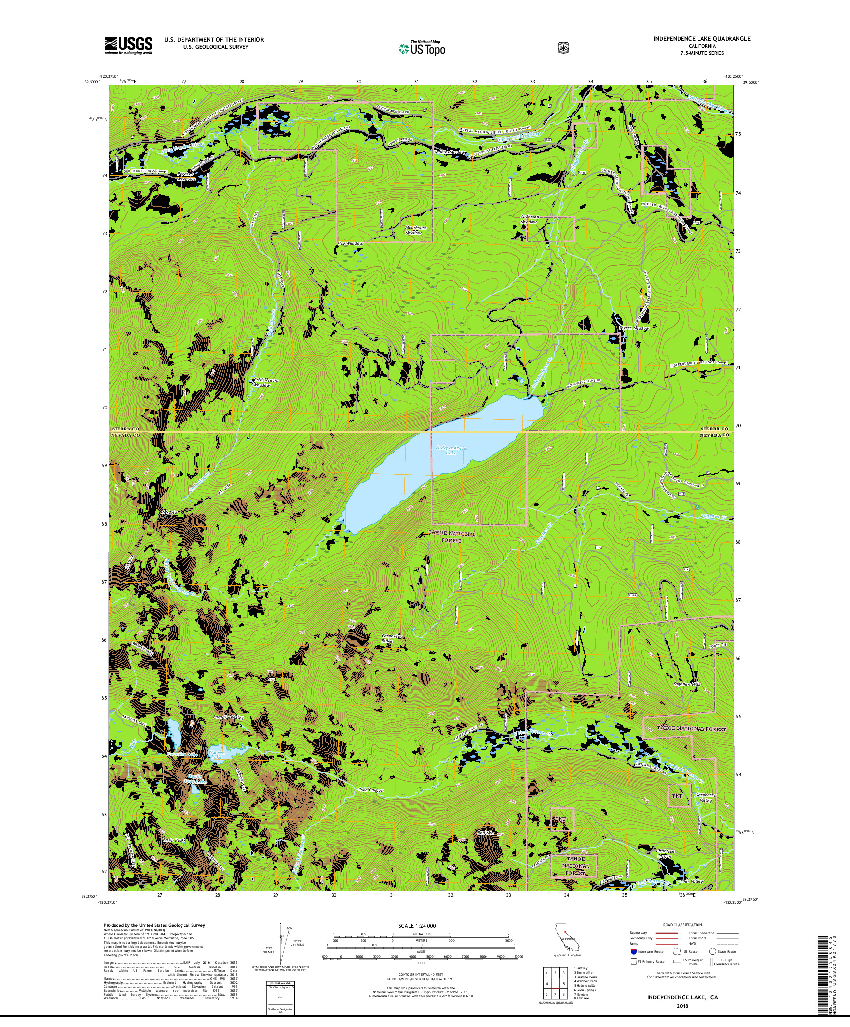 USGS US TOPO 7.5-MINUTE MAP FOR INDEPENDENCE LAKE, CA 2018