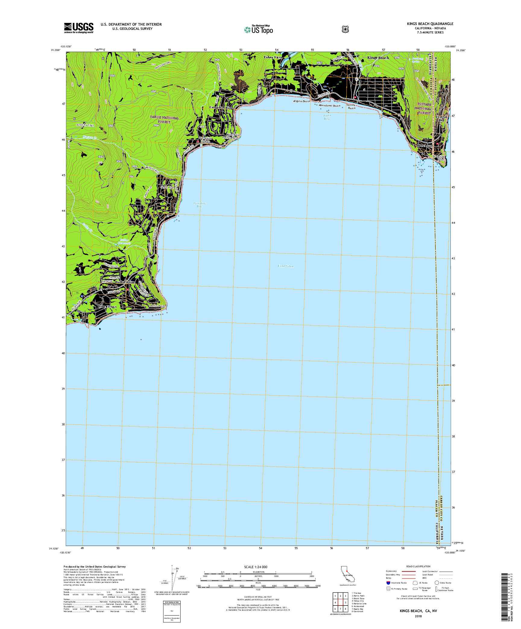 USGS US TOPO 7.5-MINUTE MAP FOR KINGS BEACH, CA,NV 2018