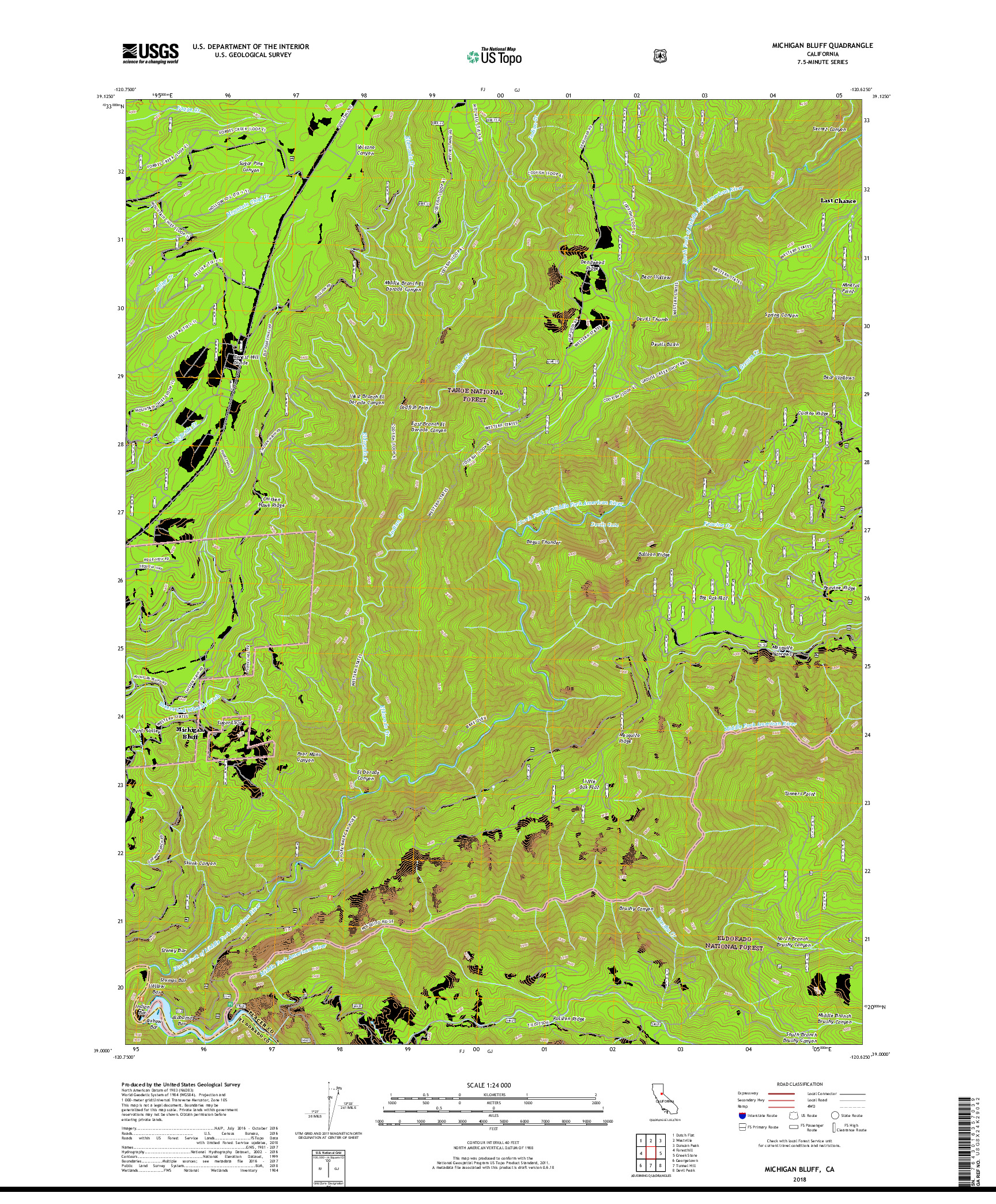 USGS US TOPO 7.5-MINUTE MAP FOR MICHIGAN BLUFF, CA 2018