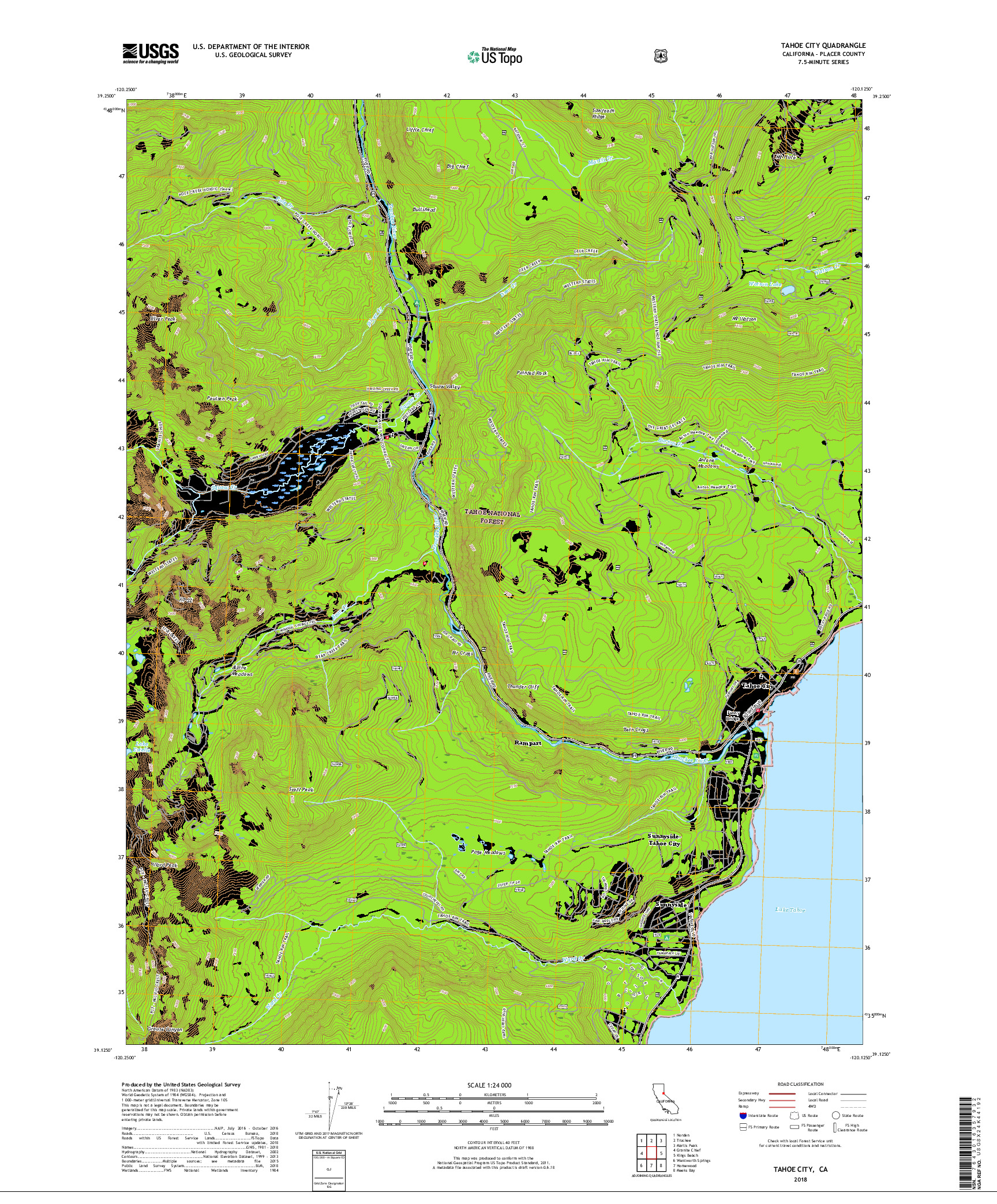 USGS US TOPO 7.5-MINUTE MAP FOR TAHOE CITY, CA 2018