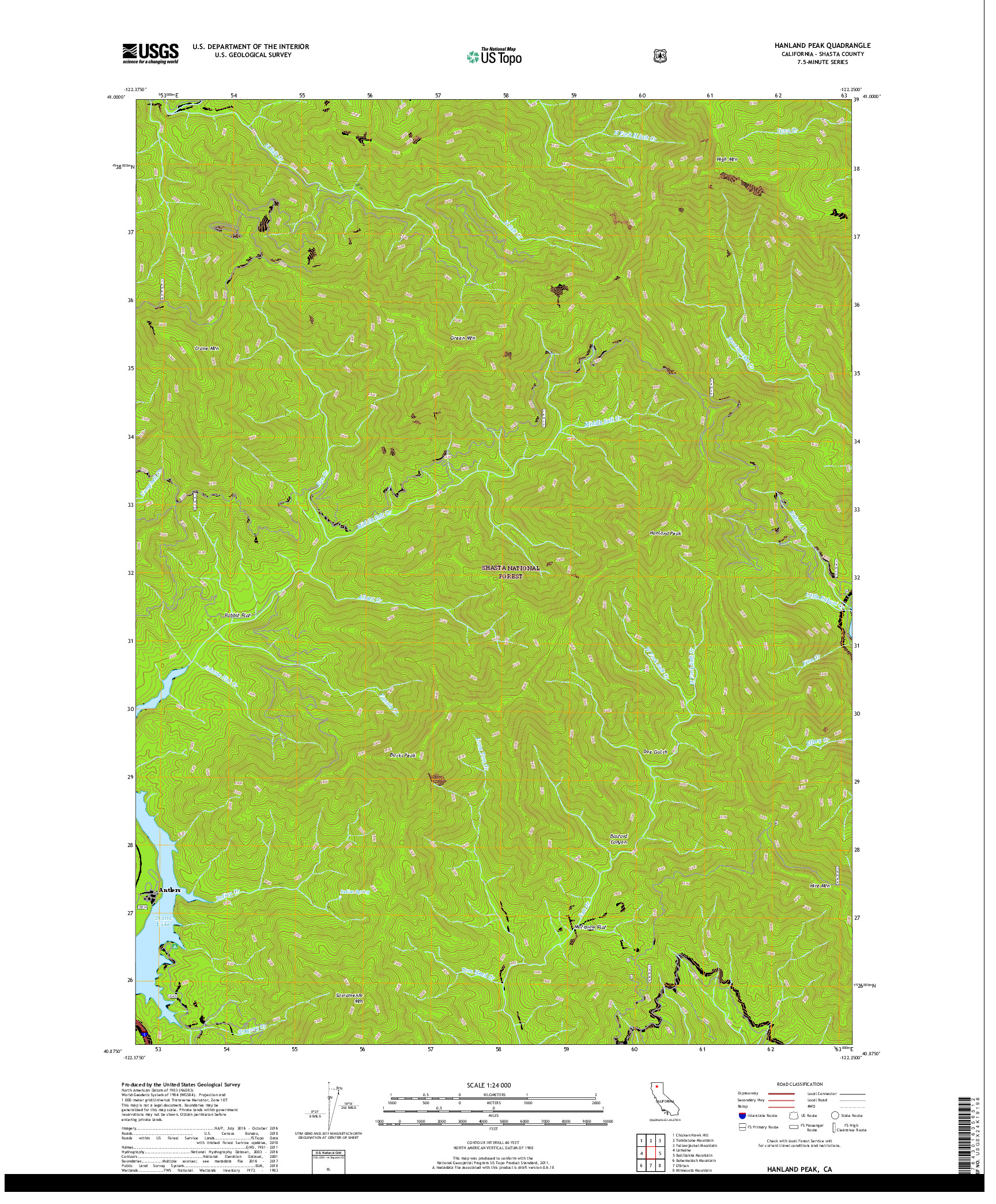 USGS US TOPO 7.5-MINUTE MAP FOR HANLAND PEAK, CA 2018