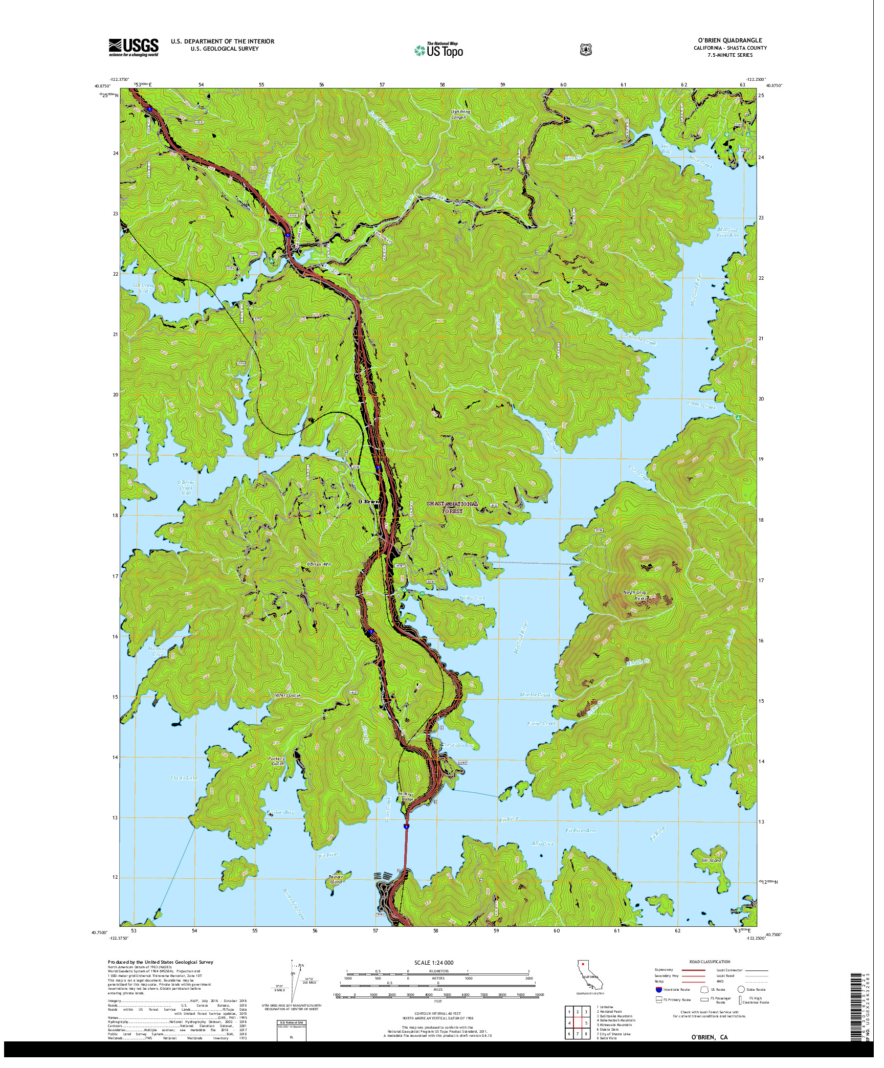 USGS US TOPO 7.5-MINUTE MAP FOR O'BRIEN, CA 2018