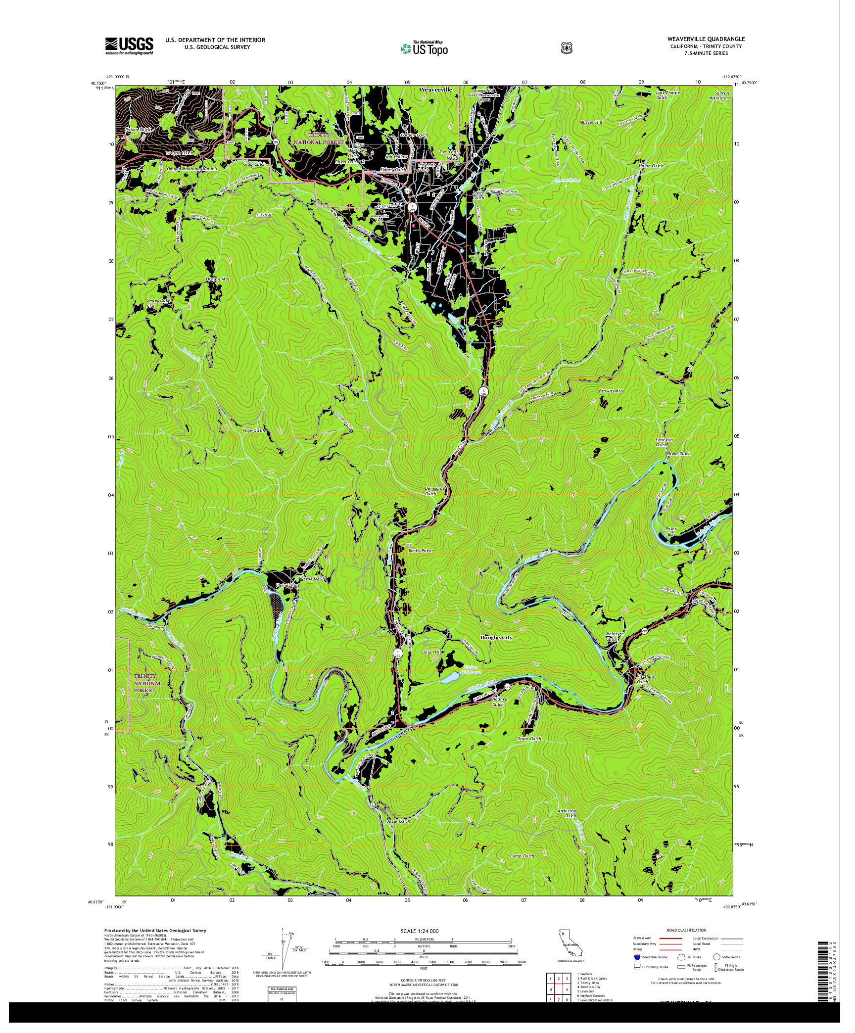 USGS US TOPO 7.5-MINUTE MAP FOR WEAVERVILLE, CA 2018