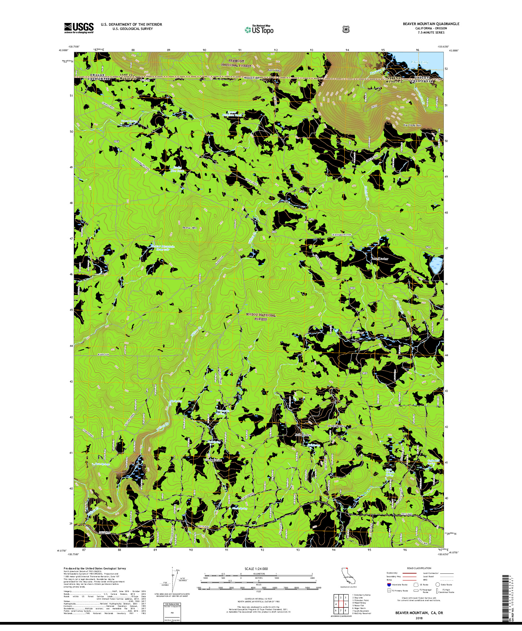 USGS US TOPO 7.5-MINUTE MAP FOR BEAVER MOUNTAIN, CA,OR 2018