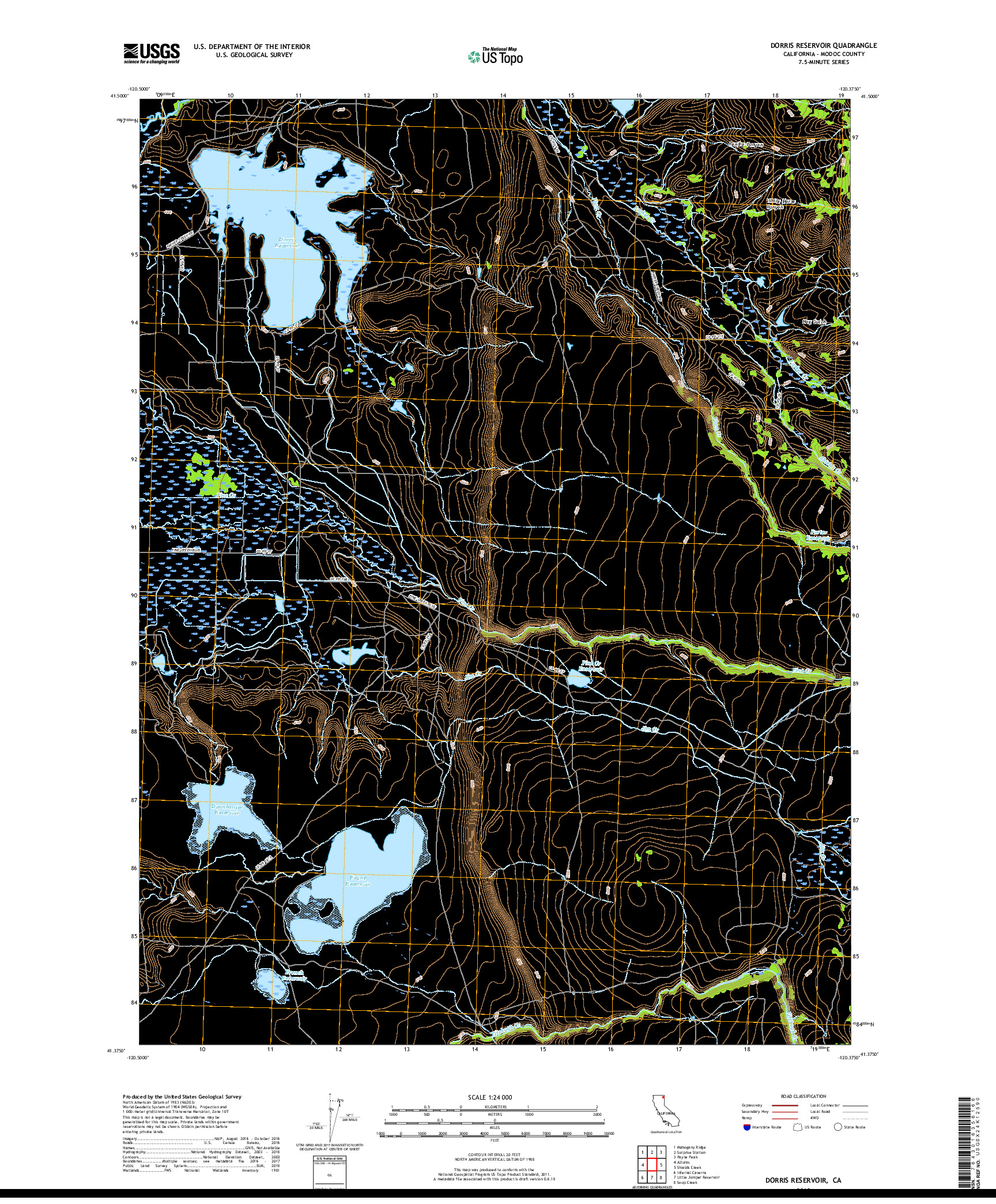 USGS US TOPO 7.5-MINUTE MAP FOR DORRIS RESERVOIR, CA 2018