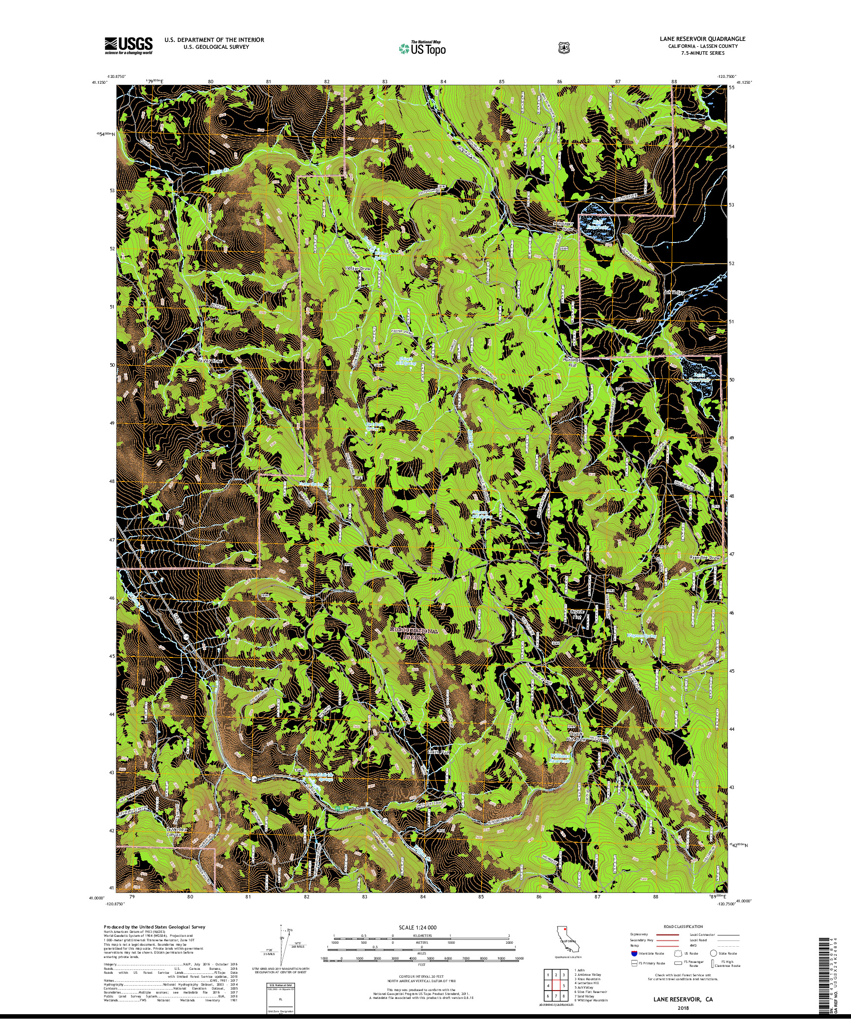 USGS US TOPO 7.5-MINUTE MAP FOR LANE RESERVOIR, CA 2018