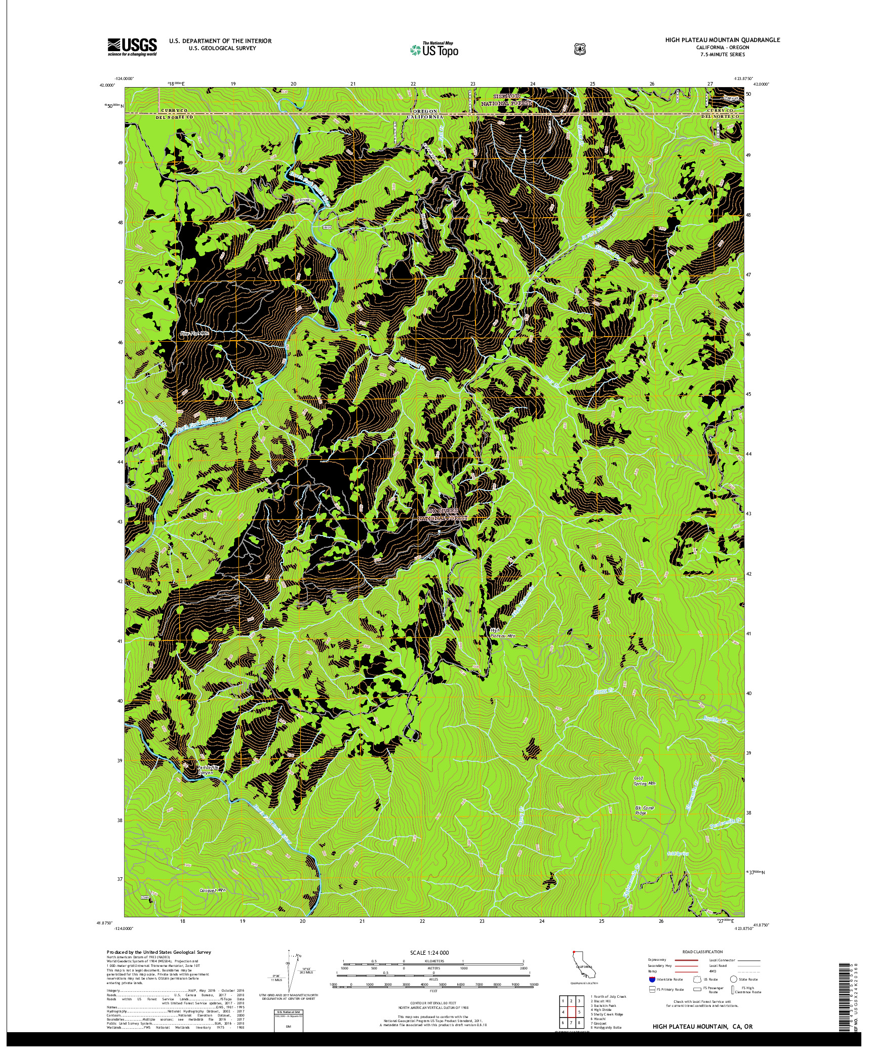 USGS US TOPO 7.5-MINUTE MAP FOR HIGH PLATEAU MOUNTAIN, CA,OR 2018