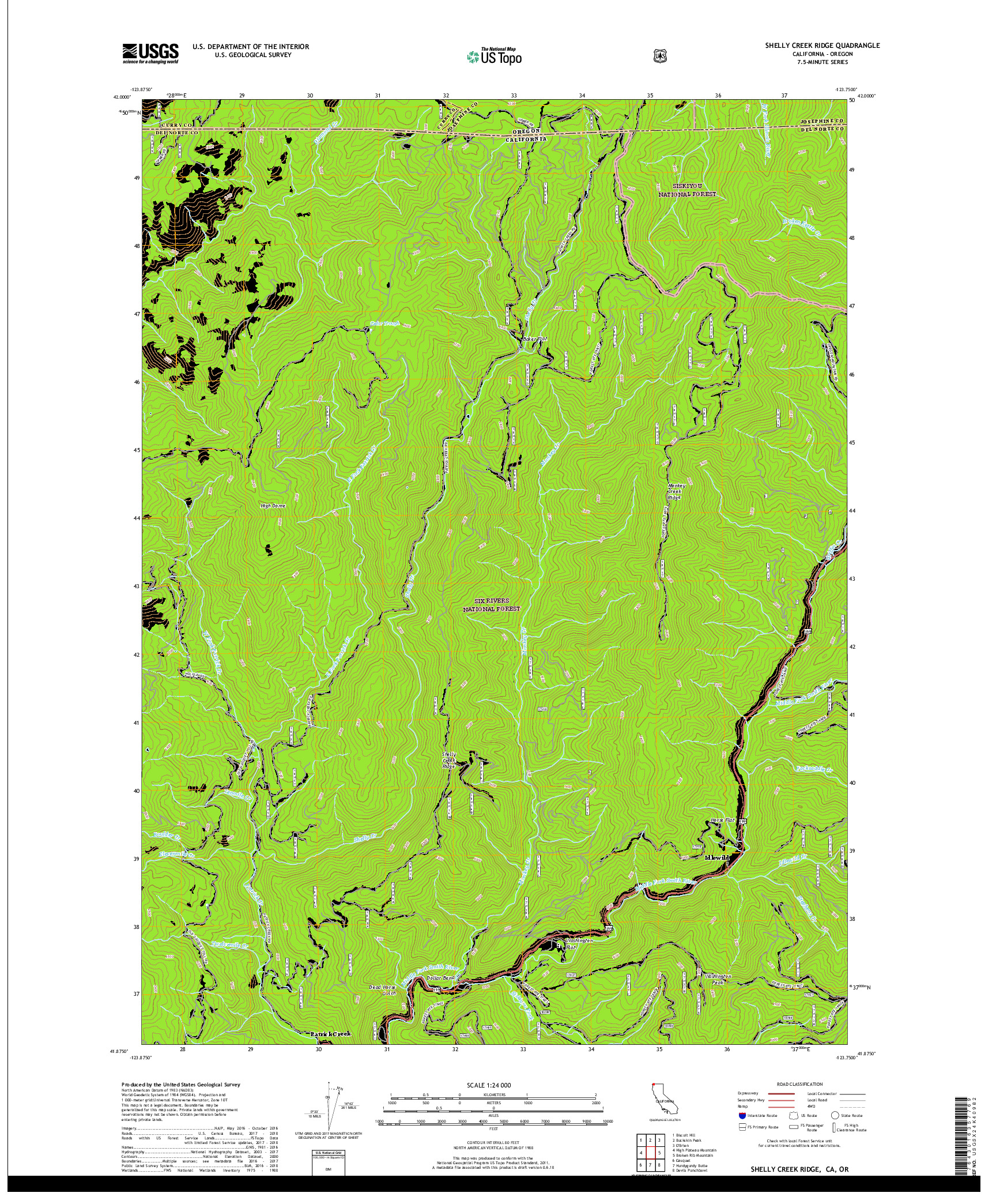 USGS US TOPO 7.5-MINUTE MAP FOR SHELLY CREEK RIDGE, CA,OR 2018