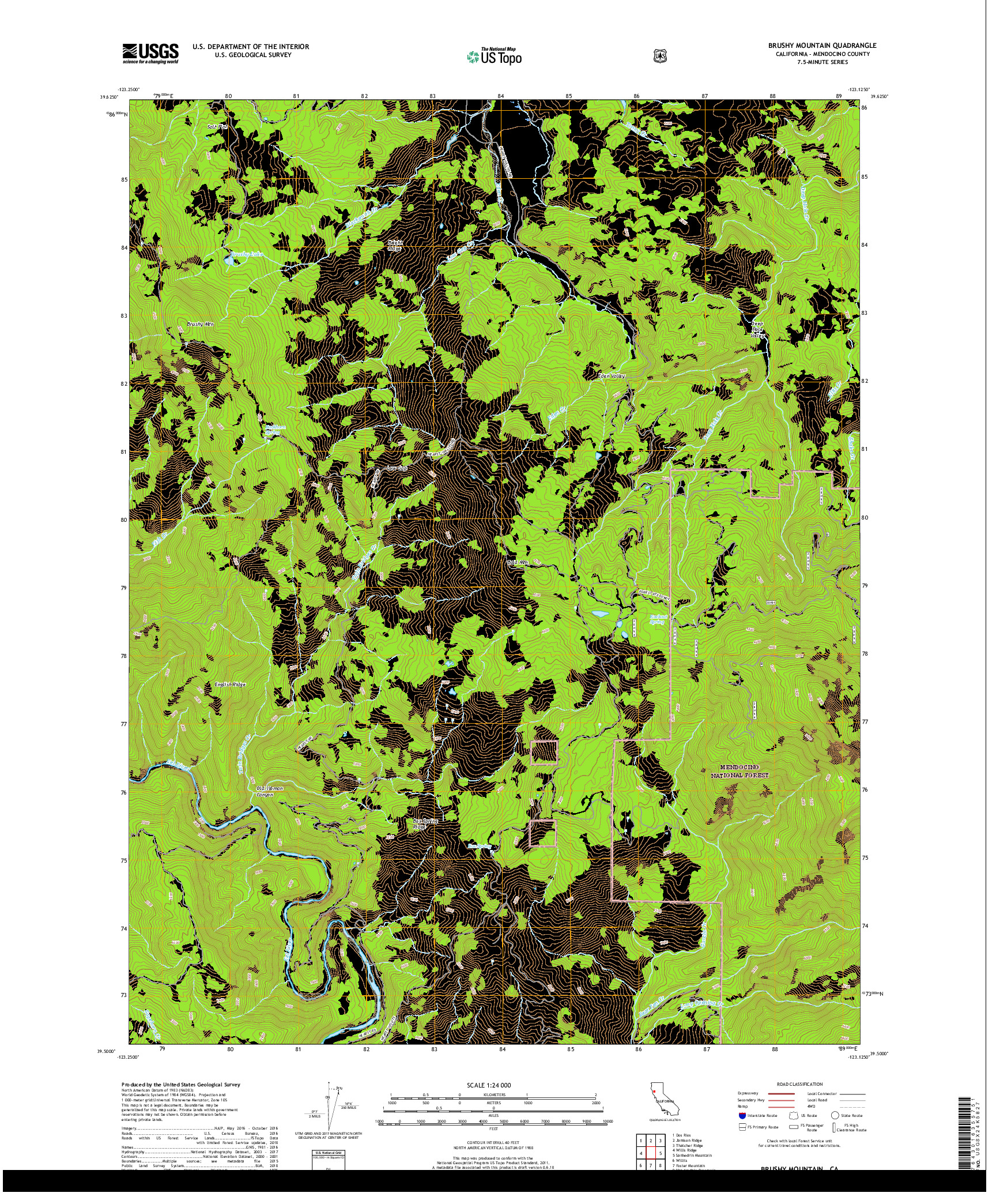 USGS US TOPO 7.5-MINUTE MAP FOR BRUSHY MOUNTAIN, CA 2018