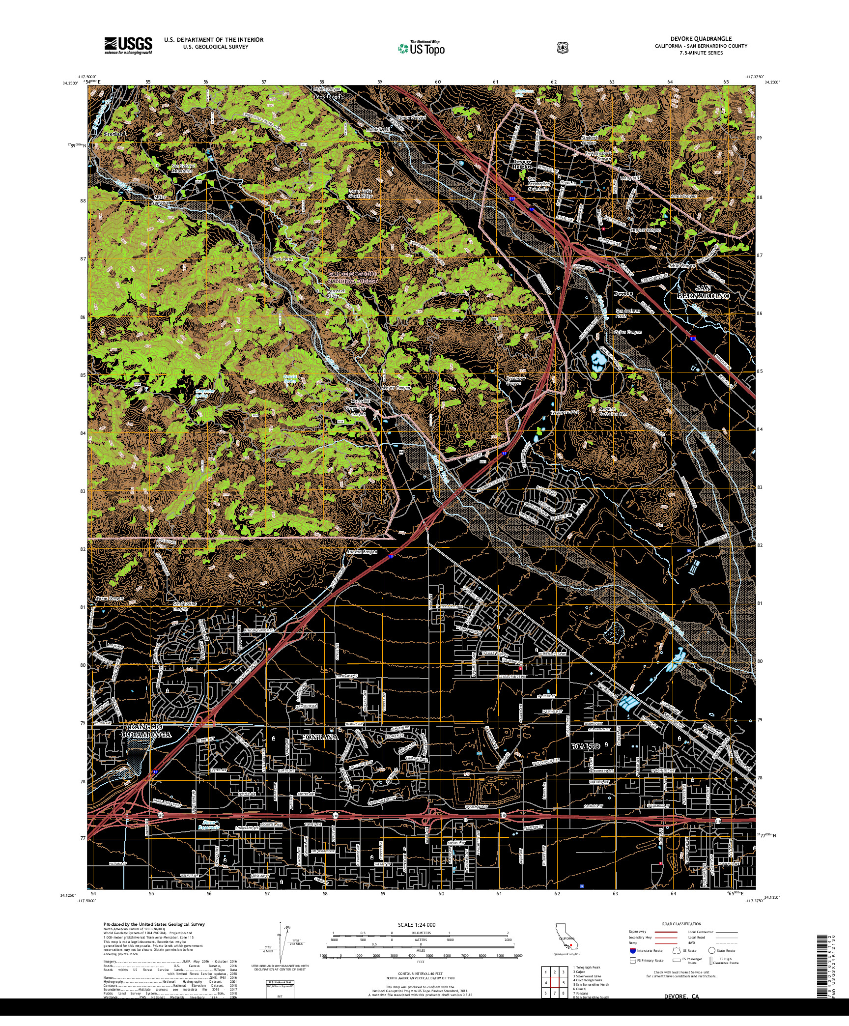 USGS US TOPO 7.5-MINUTE MAP FOR DEVORE, CA 2018