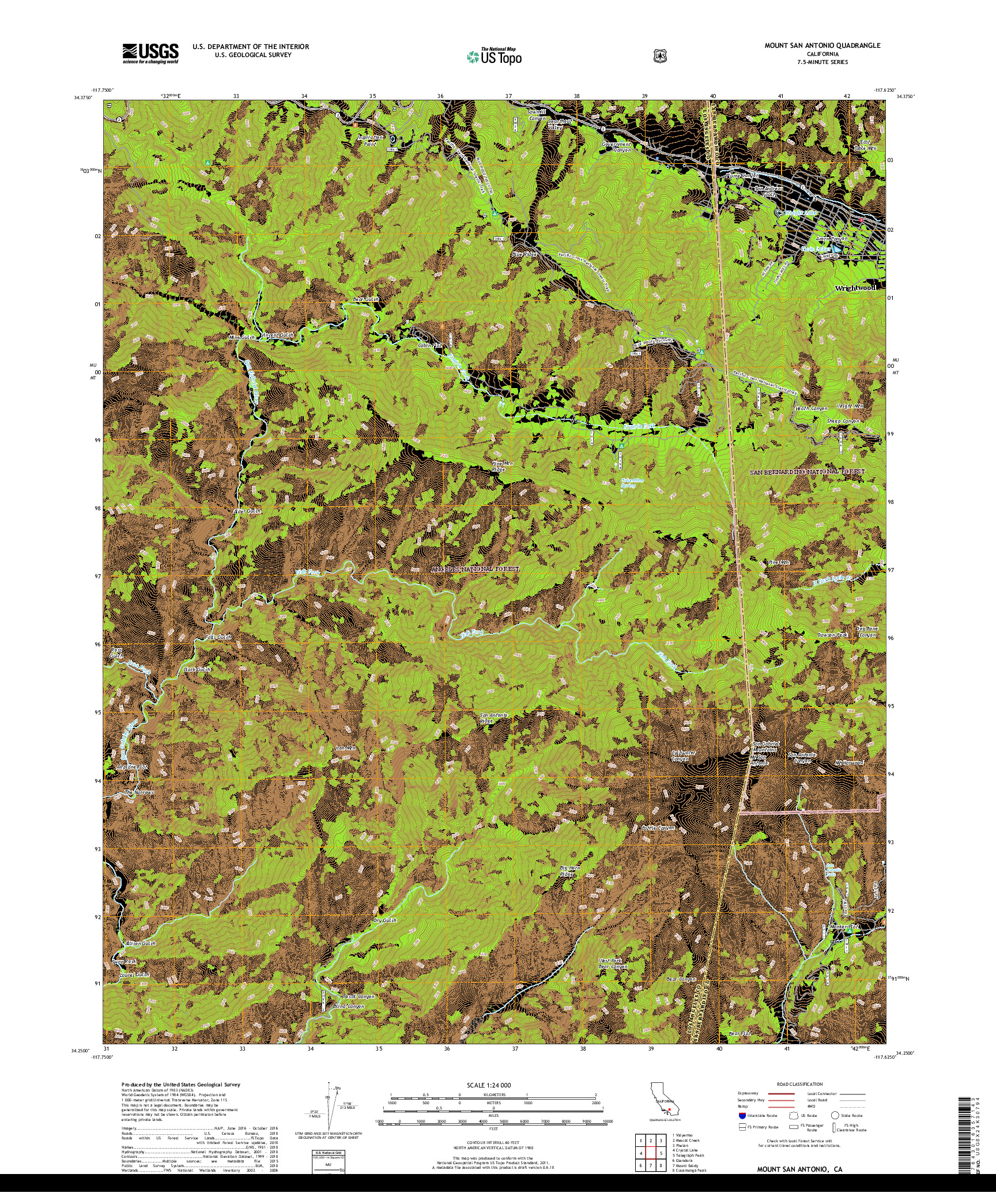 USGS US TOPO 7.5-MINUTE MAP FOR MOUNT SAN ANTONIO, CA 2018