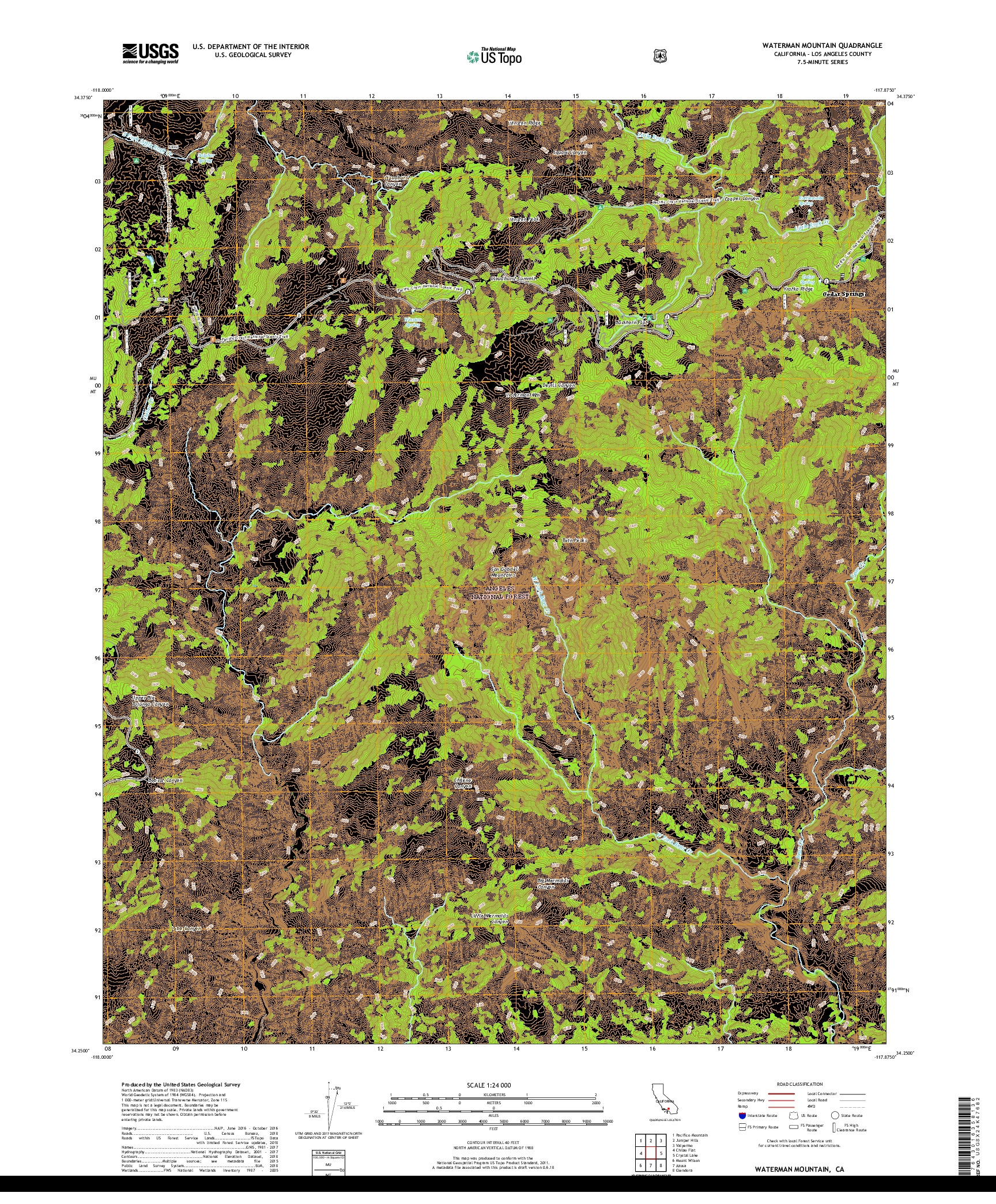 USGS US TOPO 7.5-MINUTE MAP FOR WATERMAN MOUNTAIN, CA 2018