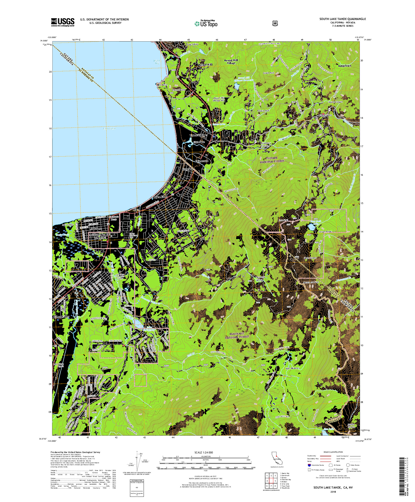 USGS US TOPO 7.5-MINUTE MAP FOR SOUTH LAKE TAHOE, CA,NV 2018