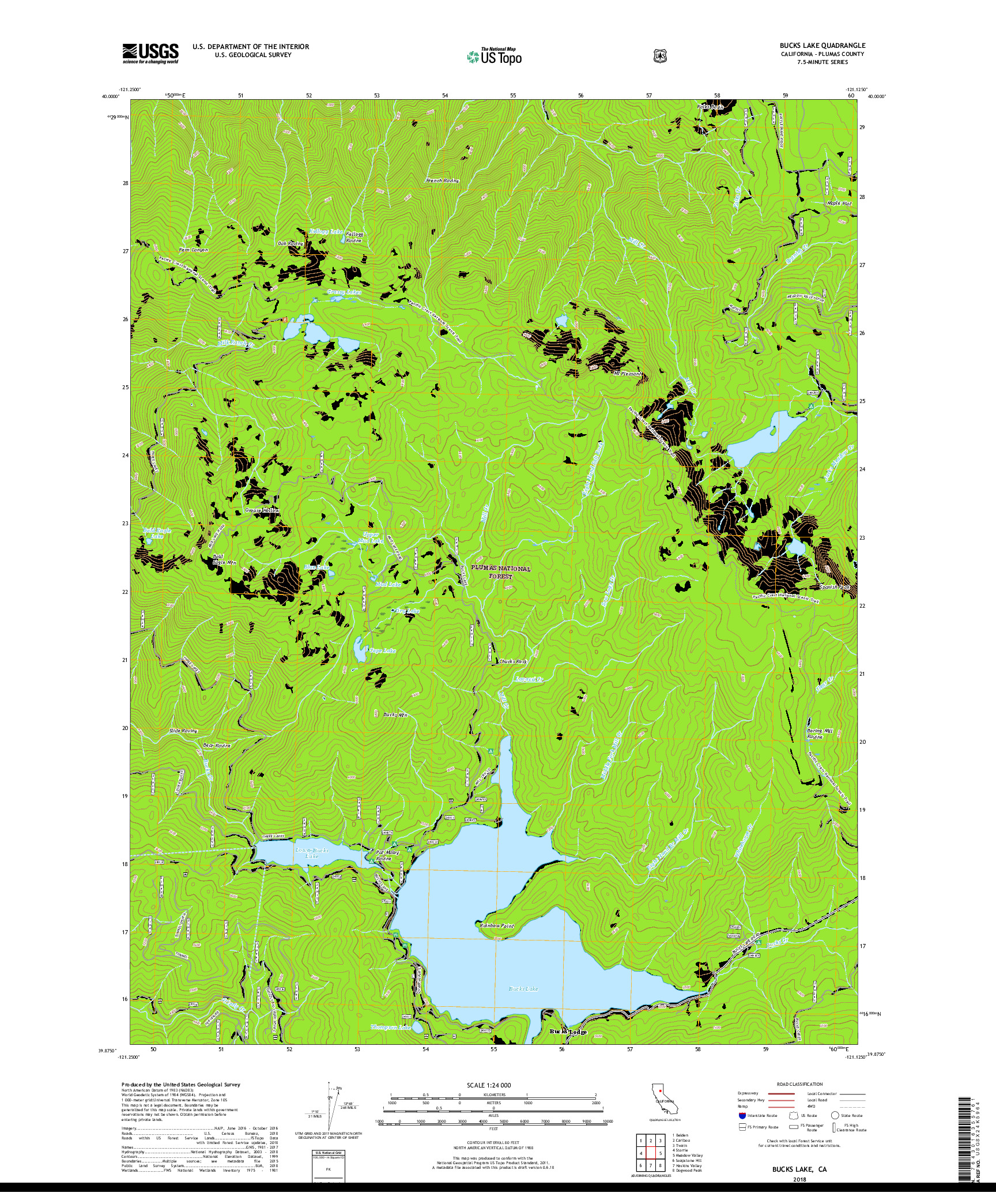 USGS US TOPO 7.5-MINUTE MAP FOR BUCKS LAKE, CA 2018