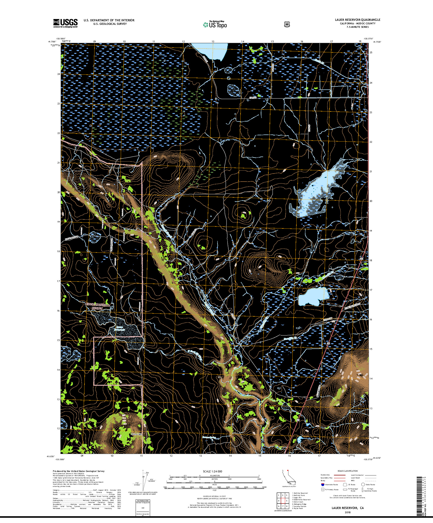 USGS US TOPO 7.5-MINUTE MAP FOR LAUER RESERVOIR, CA 2018