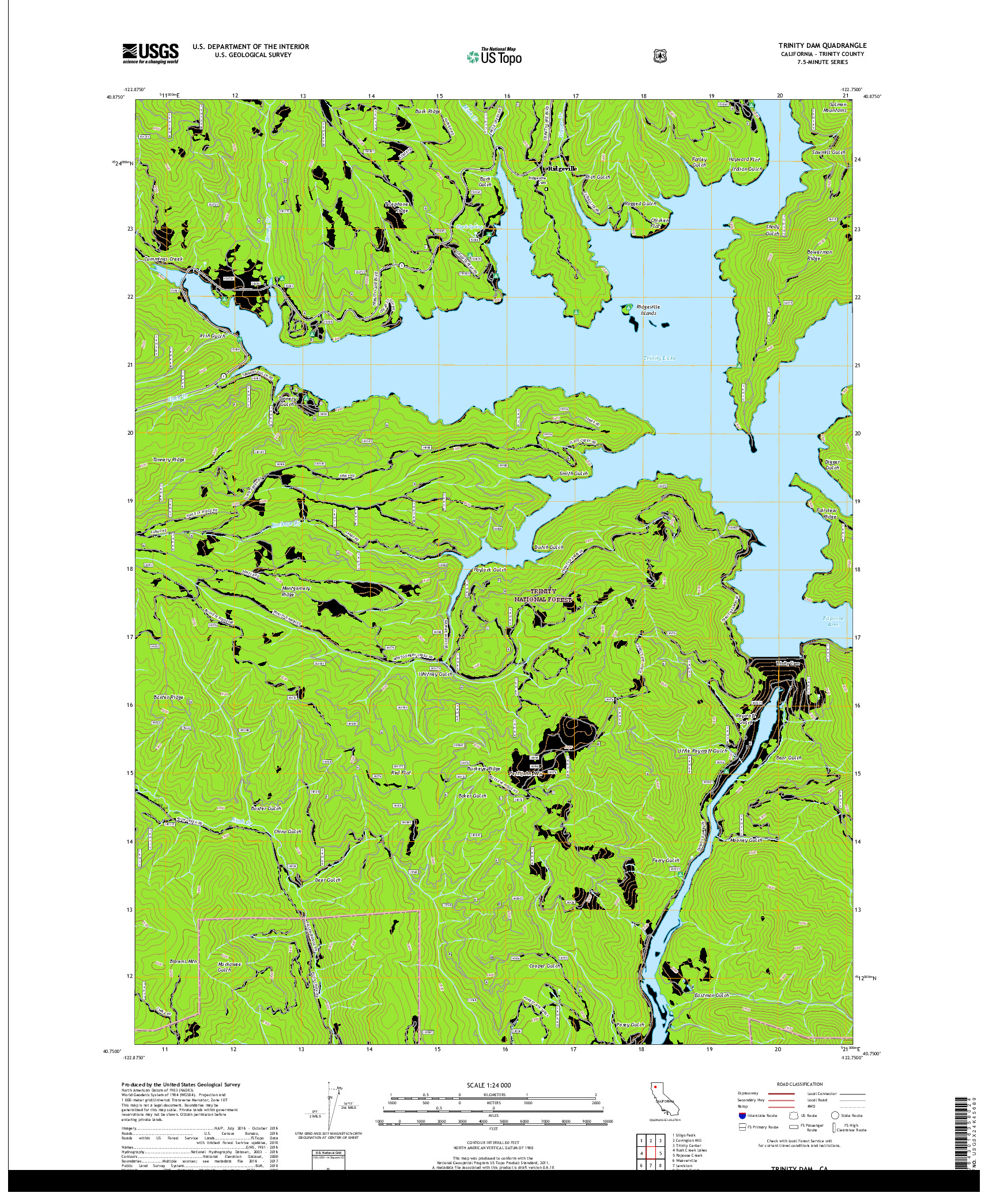 USGS US TOPO 7.5-MINUTE MAP FOR TRINITY DAM, CA 2018