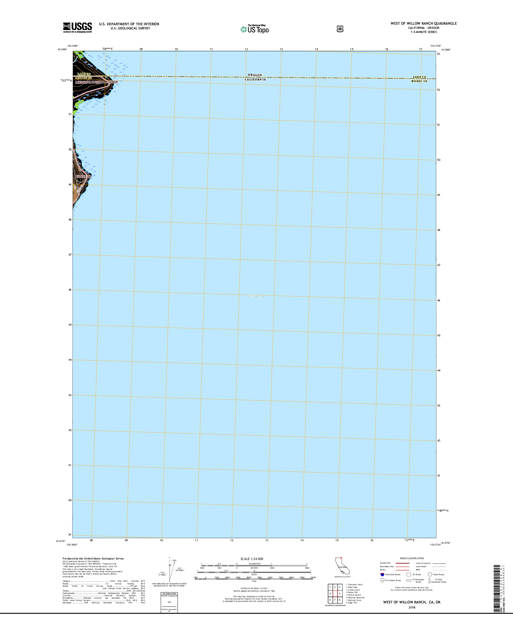 USGS US TOPO 7.5-MINUTE MAP FOR WEST OF WILLOW RANCH, CA,OR 2018