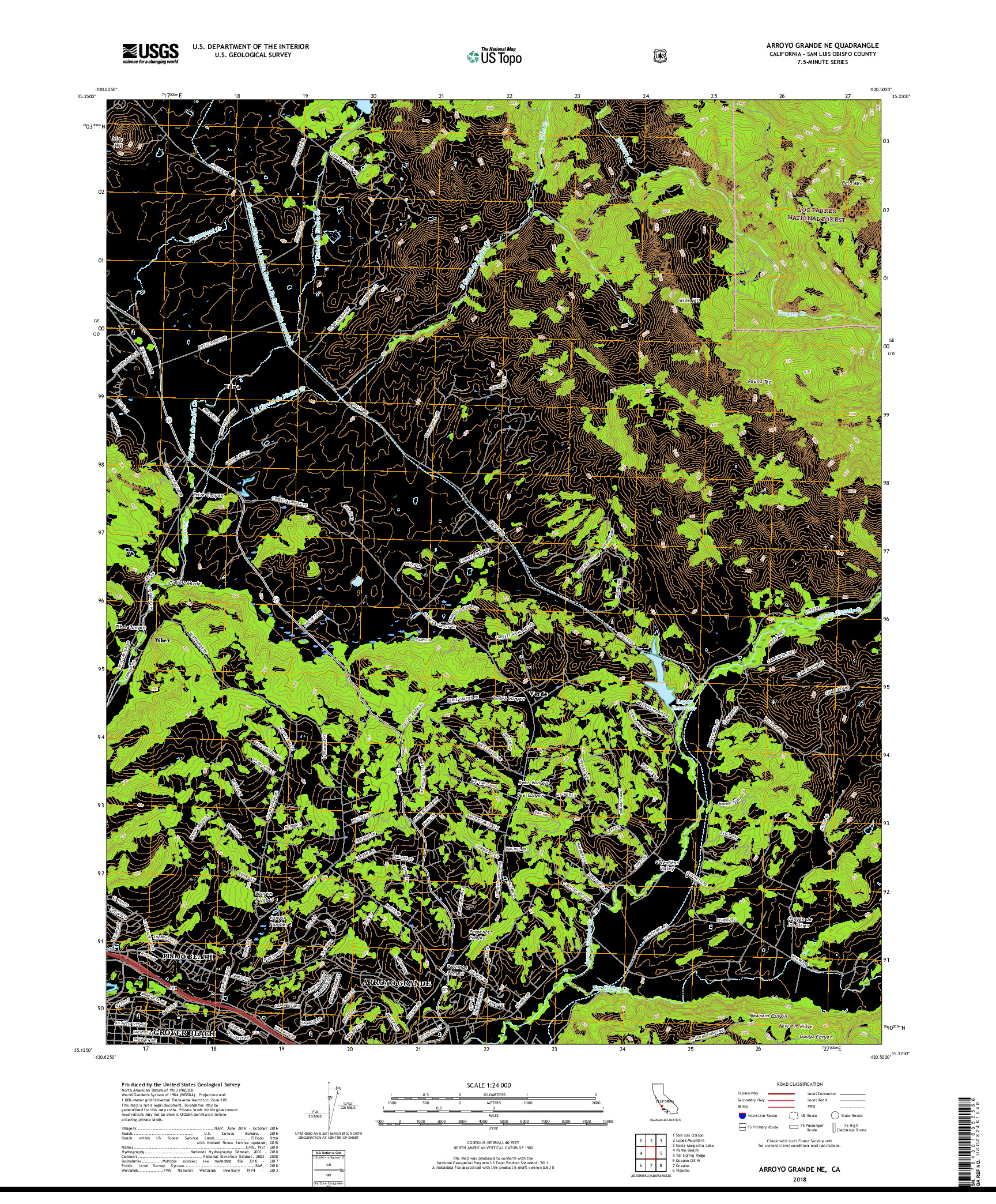 USGS US TOPO 7.5-MINUTE MAP FOR ARROYO GRANDE NE, CA 2018