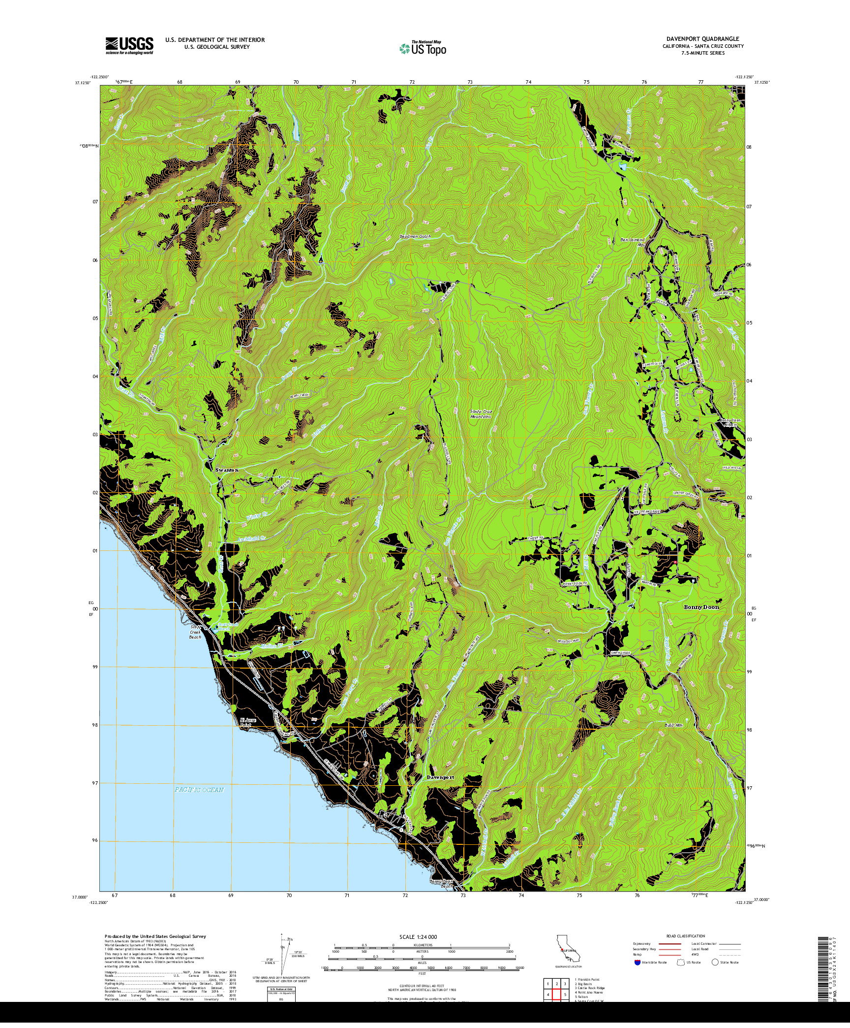 USGS US TOPO 7.5-MINUTE MAP FOR DAVENPORT, CA 2018