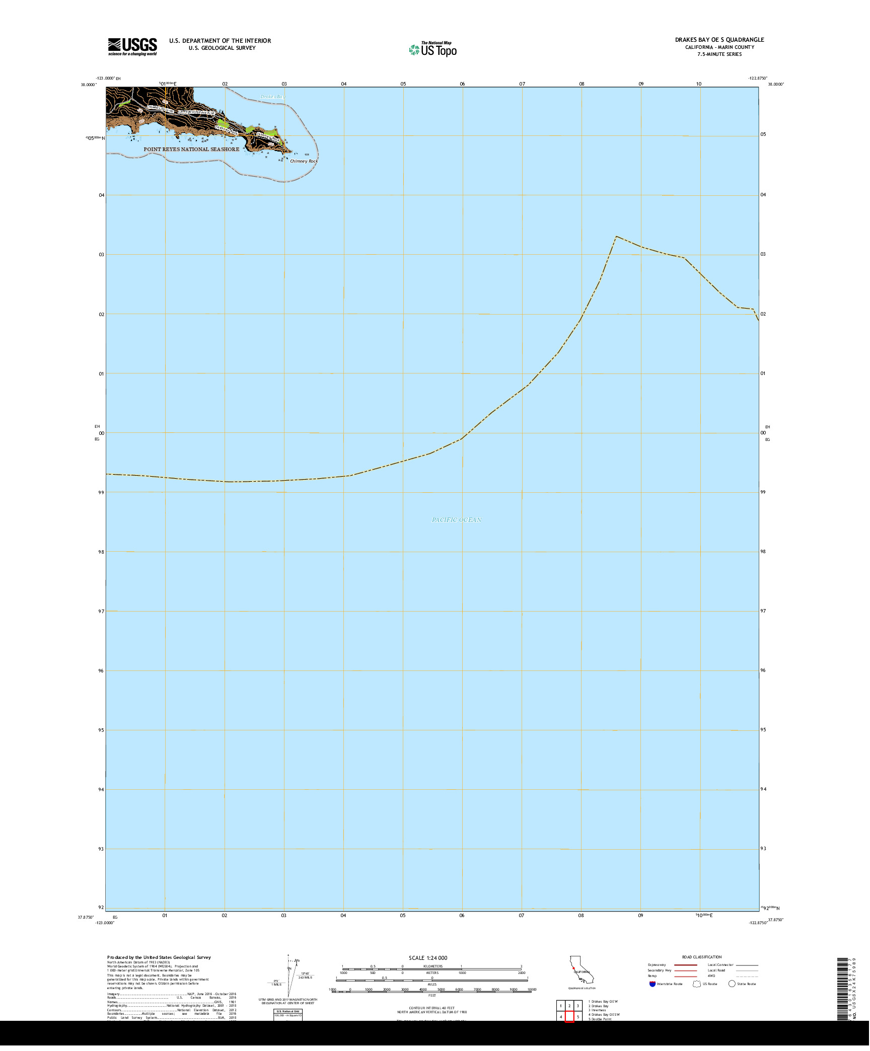 USGS US TOPO 7.5-MINUTE MAP FOR DRAKES BAY OE S, CA 2018