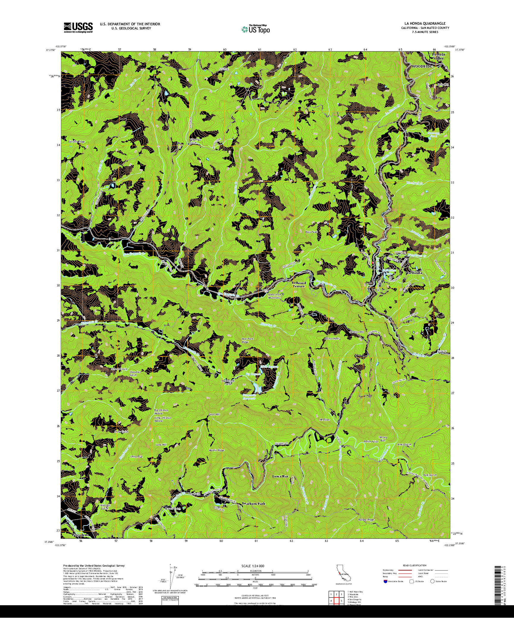 USGS US TOPO 7.5-MINUTE MAP FOR LA HONDA, CA 2018