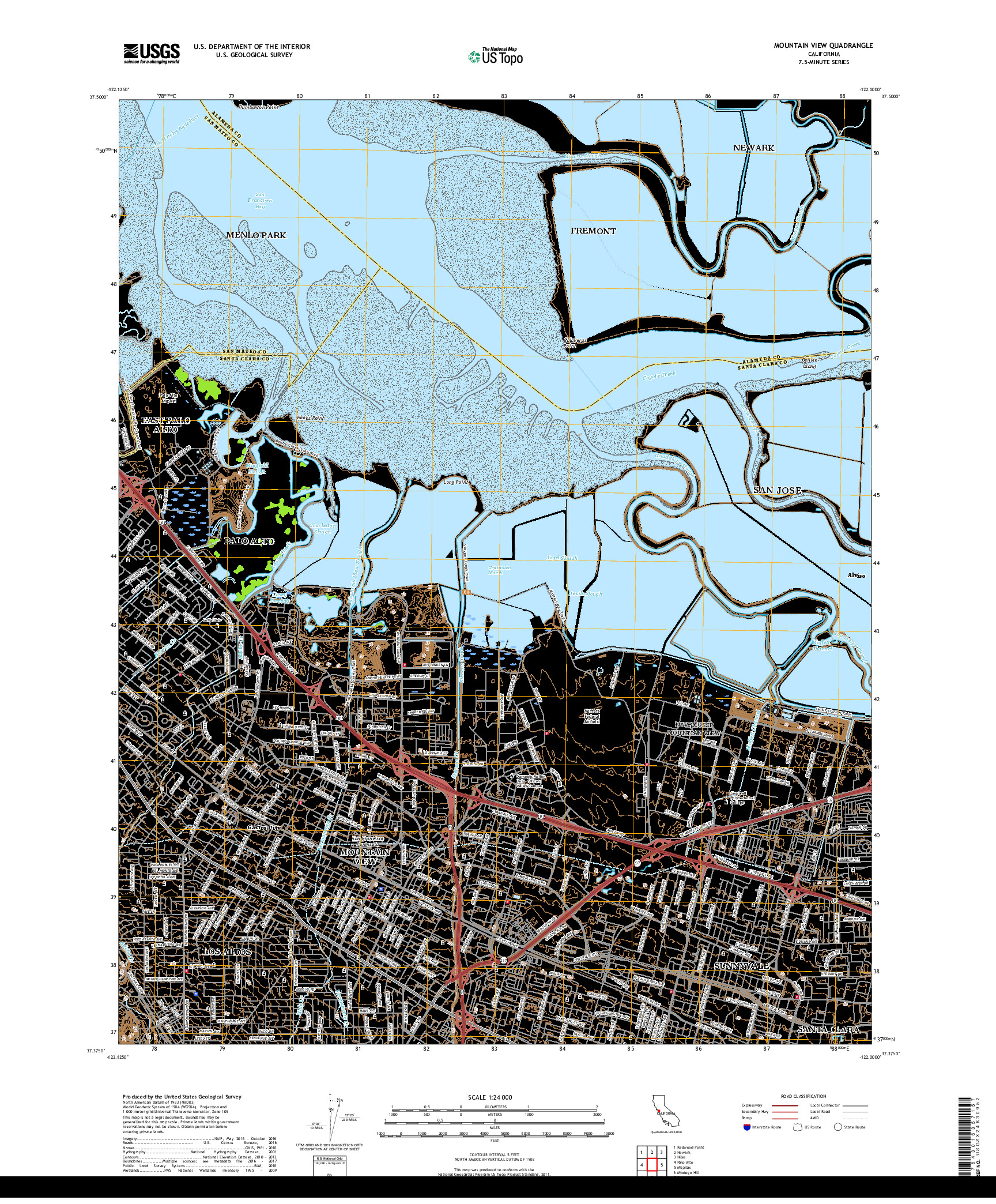 USGS US TOPO 7.5-MINUTE MAP FOR MOUNTAIN VIEW, CA 2018
